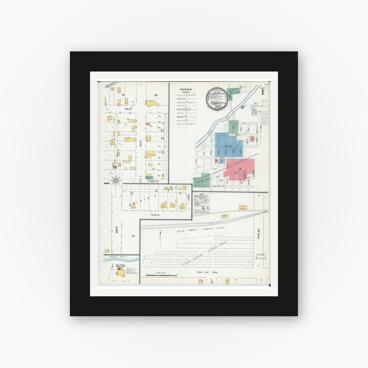 Old map wall art mockup — black gallery frame with white mat — Sanborn Fire Insurance Map from Cadott, Chippewa County, Wisconsin (1900) - Complete Map Set