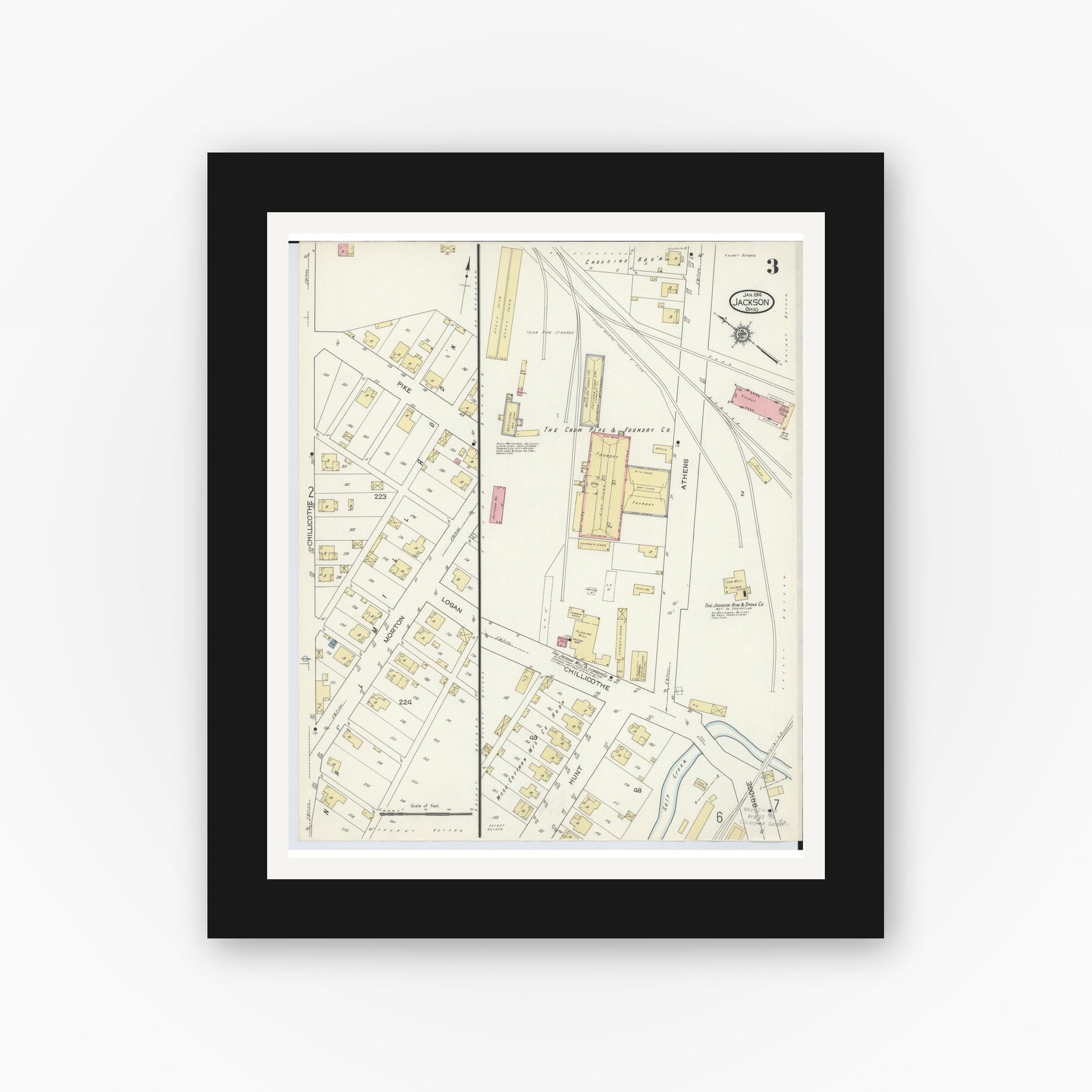 Old map wall art mockup — black gallery frame with white mat — Sanborn Fire Insurance Map from Jackson, Jackson County, Ohio (1914), Sheet #0003