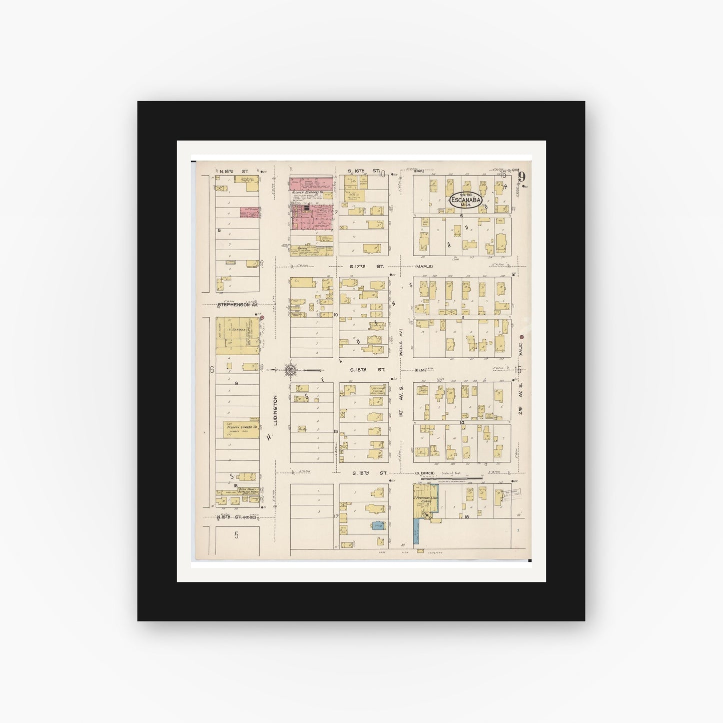 Old map wall art mockup — black gallery frame with white mat — Sanborn Fire Insurance Map from Escanaba, Delta County, Michigan (1921), Sheet #0009