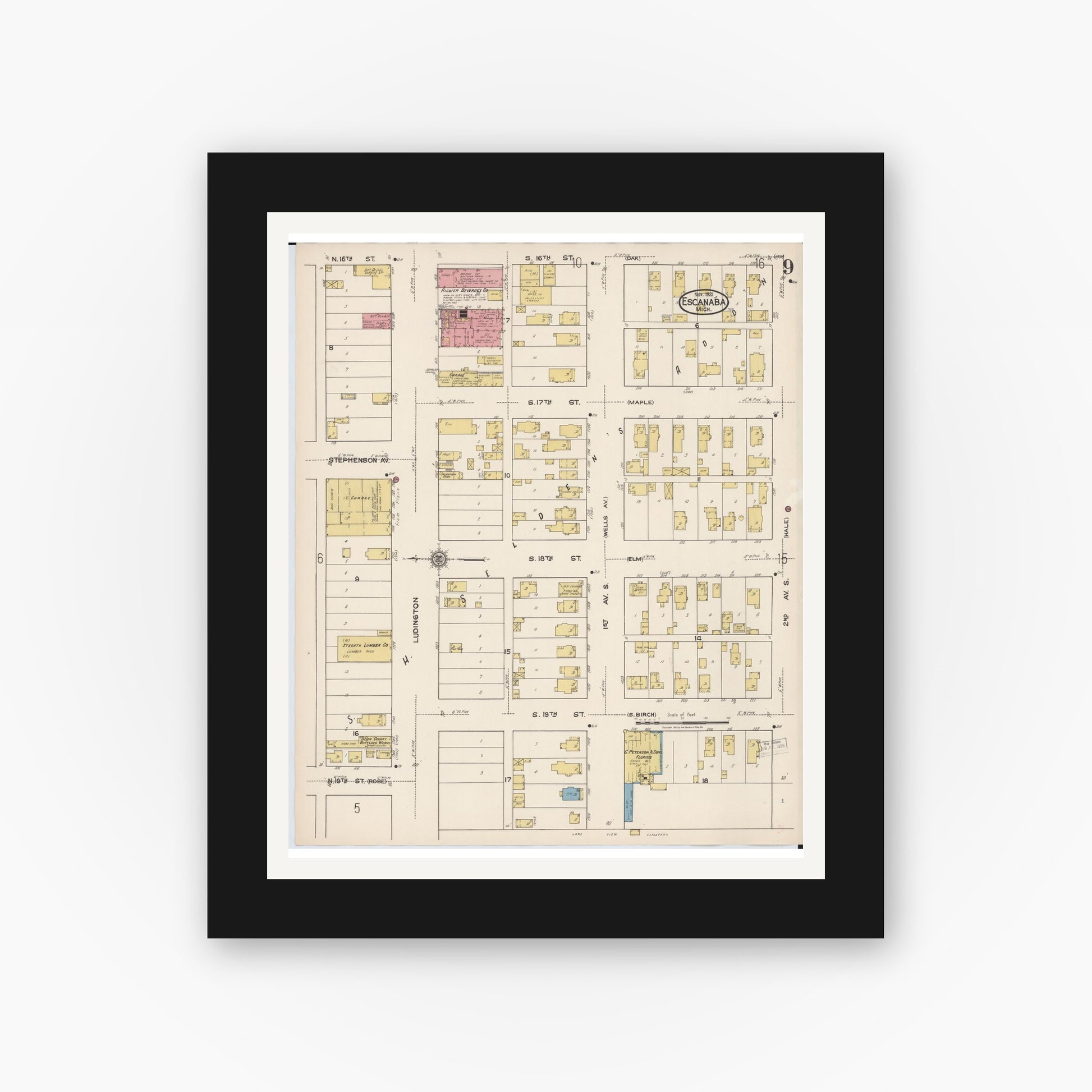 Old map wall art mockup — black gallery frame with white mat — Sanborn Fire Insurance Map from Escanaba, Delta County, Michigan (1921), Sheet #0009