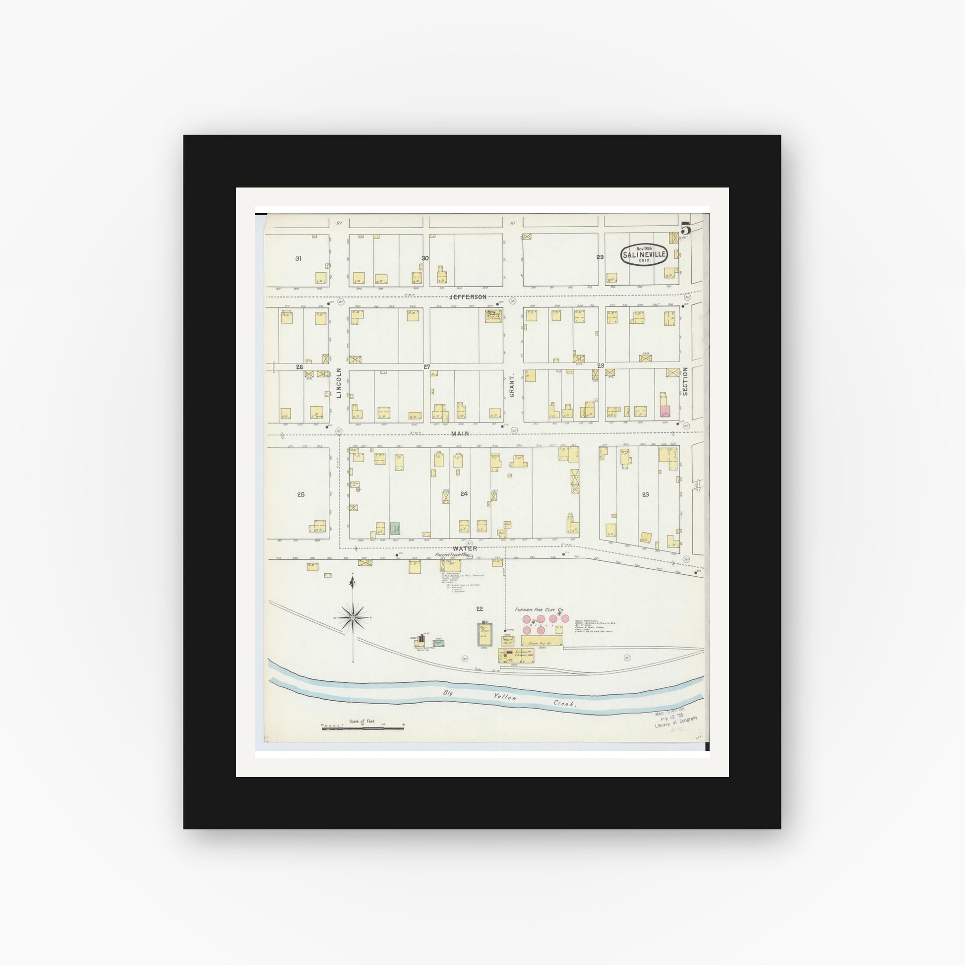 Old map wall art mockup — black gallery frame with white mat — Sanborn Fire Insurance Map from Salineville, Columbiana County, Ohio (1895), Sheet #0005