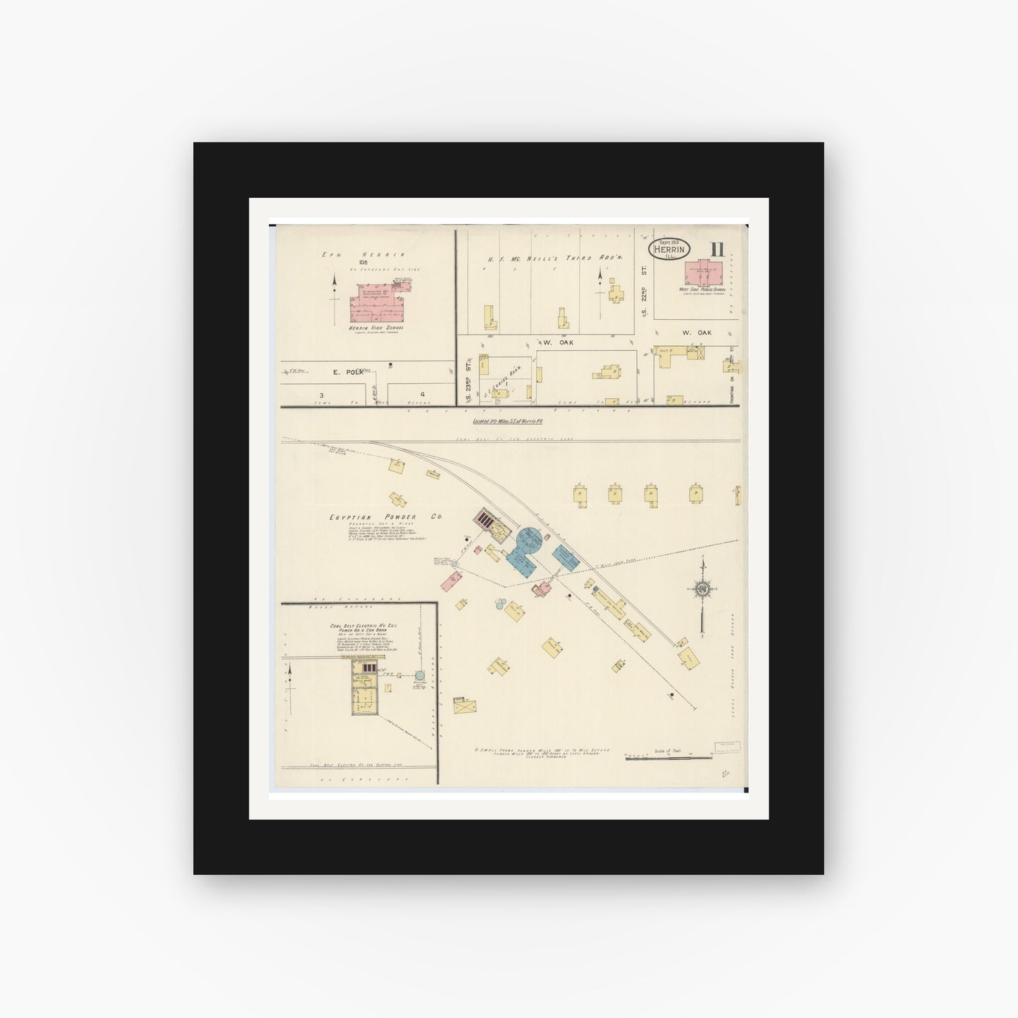 Old map wall art mockup — black gallery frame with white mat — Sanborn Fire Insurance Map from Herrin, Williamson County, Illinois (1913), Sheet #0011