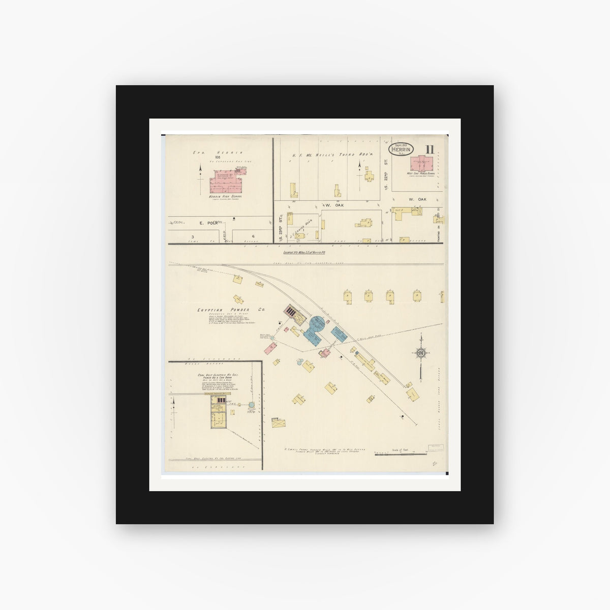 Old map wall art mockup — black gallery frame with white mat — Sanborn Fire Insurance Map from Herrin, Williamson County, Illinois (1913), Sheet #0011