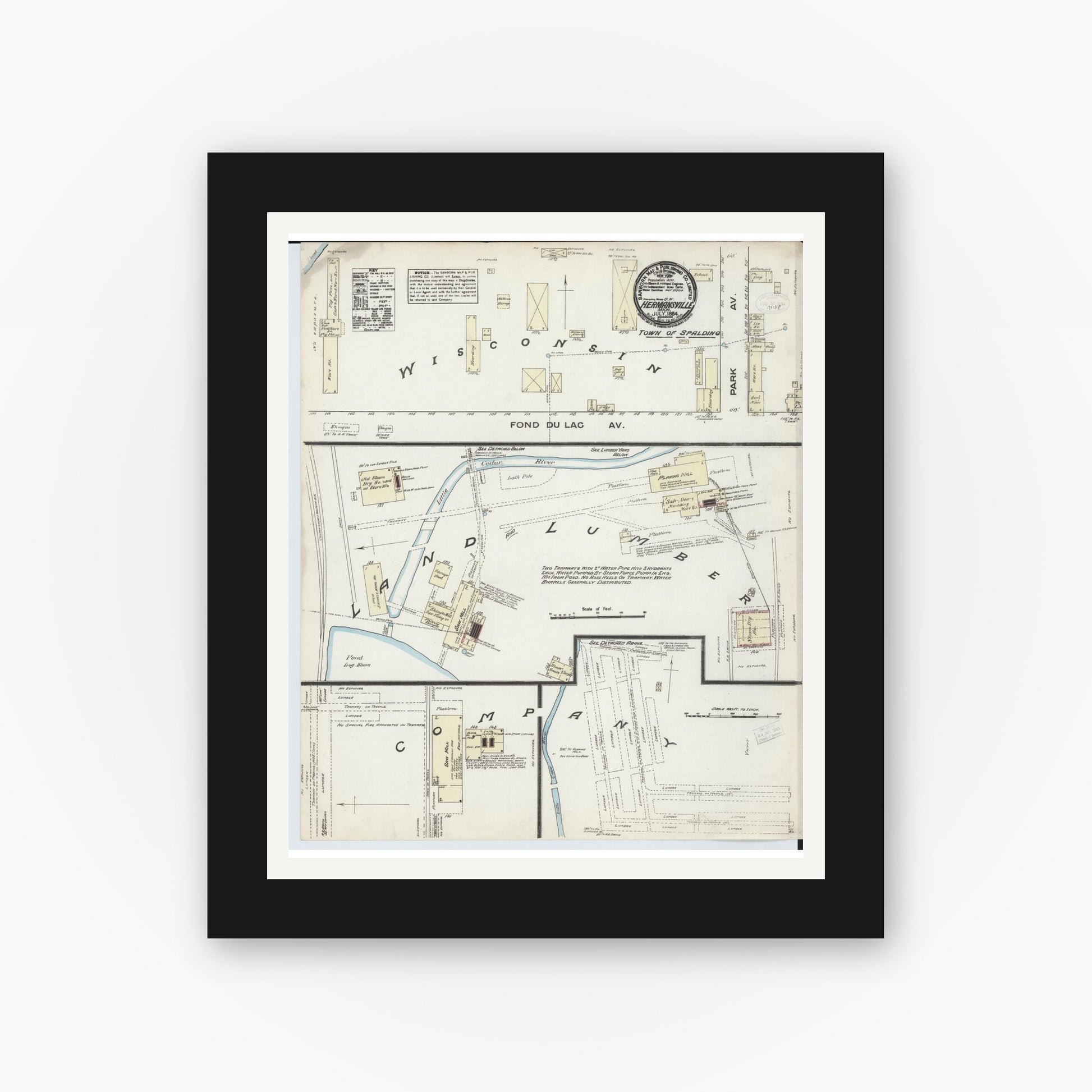 Old map wall art mockup — black gallery frame with white mat — Sanborn Fire Insurance Map from Hermansville, Menominee County, Michigan (1884), Sheet #0001