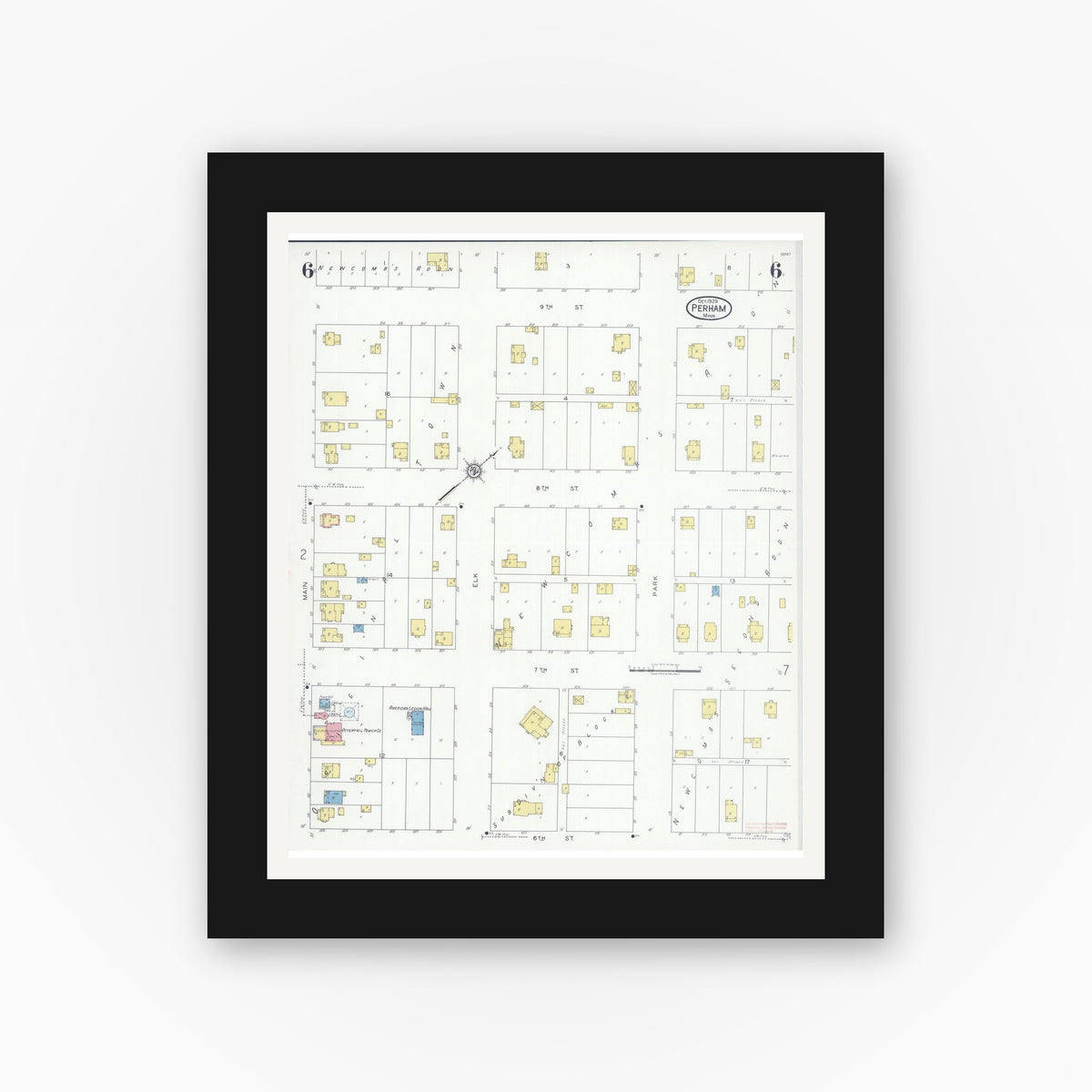 Old map wall art mockup — black gallery frame with white mat — Sanborn Fire Insurance Map from Perham, Otter Tail County, Minnesota (1929), Sheet #0006