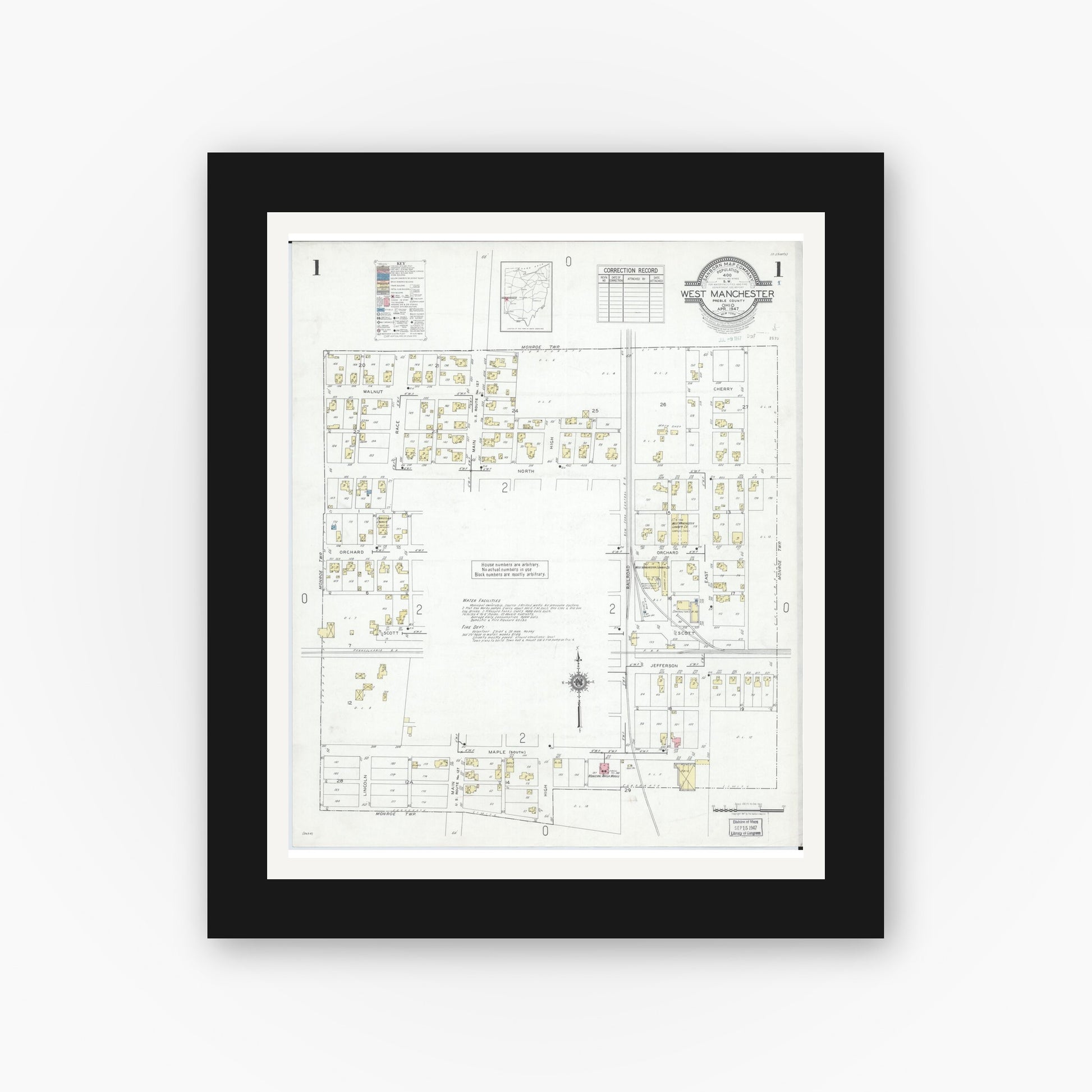 Old map wall art mockup — black gallery frame with white mat — Sanborn Fire Insurance Map from West Manchester, Preble County, Ohio (1947) - Complete Map Set