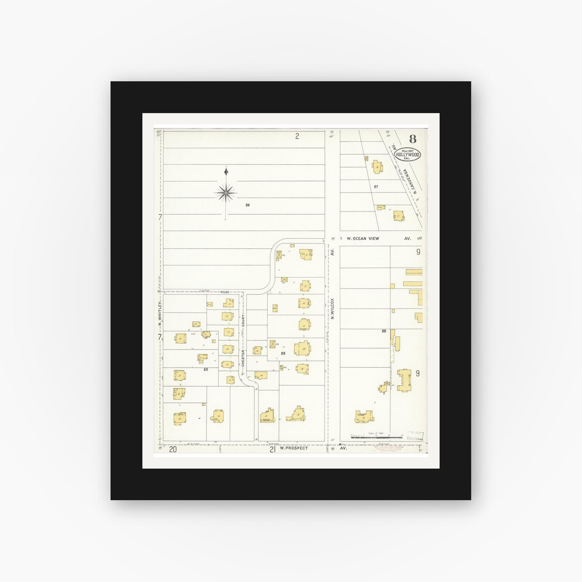 Old map wall art mockup — black gallery frame with white mat — Sanborn Fire Insurance Map from Hollywood, Los Angeles County, California (1907), Sheet #0008