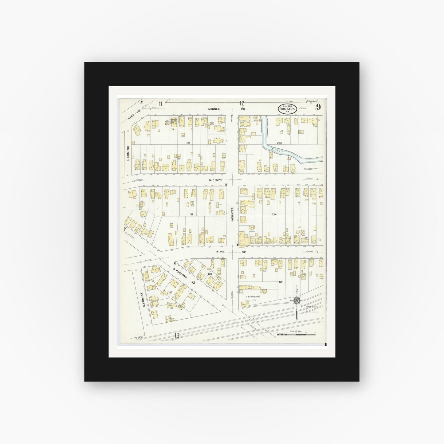 Old map wall art mockup — black gallery frame with white mat — Sanborn Fire Insurance Map from Dunkirk, Chautauqua County, New York (1910), Sheet #0009