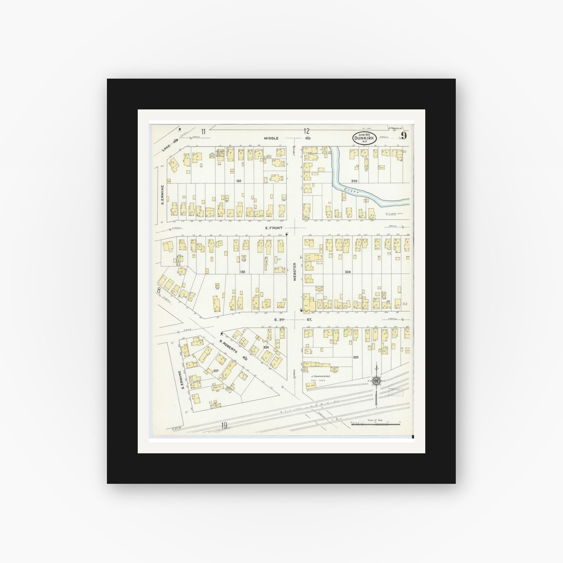 Old map wall art mockup — black gallery frame with white mat — Sanborn Fire Insurance Map from Dunkirk, Chautauqua County, New York (1910), Sheet #0009