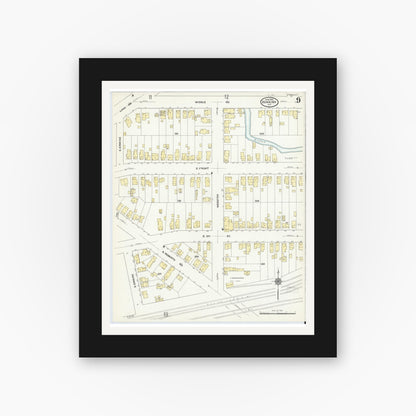 Old map wall art mockup — black gallery frame with white mat — Sanborn Fire Insurance Map from Dunkirk, Chautauqua County, New York (1910), Sheet #0009