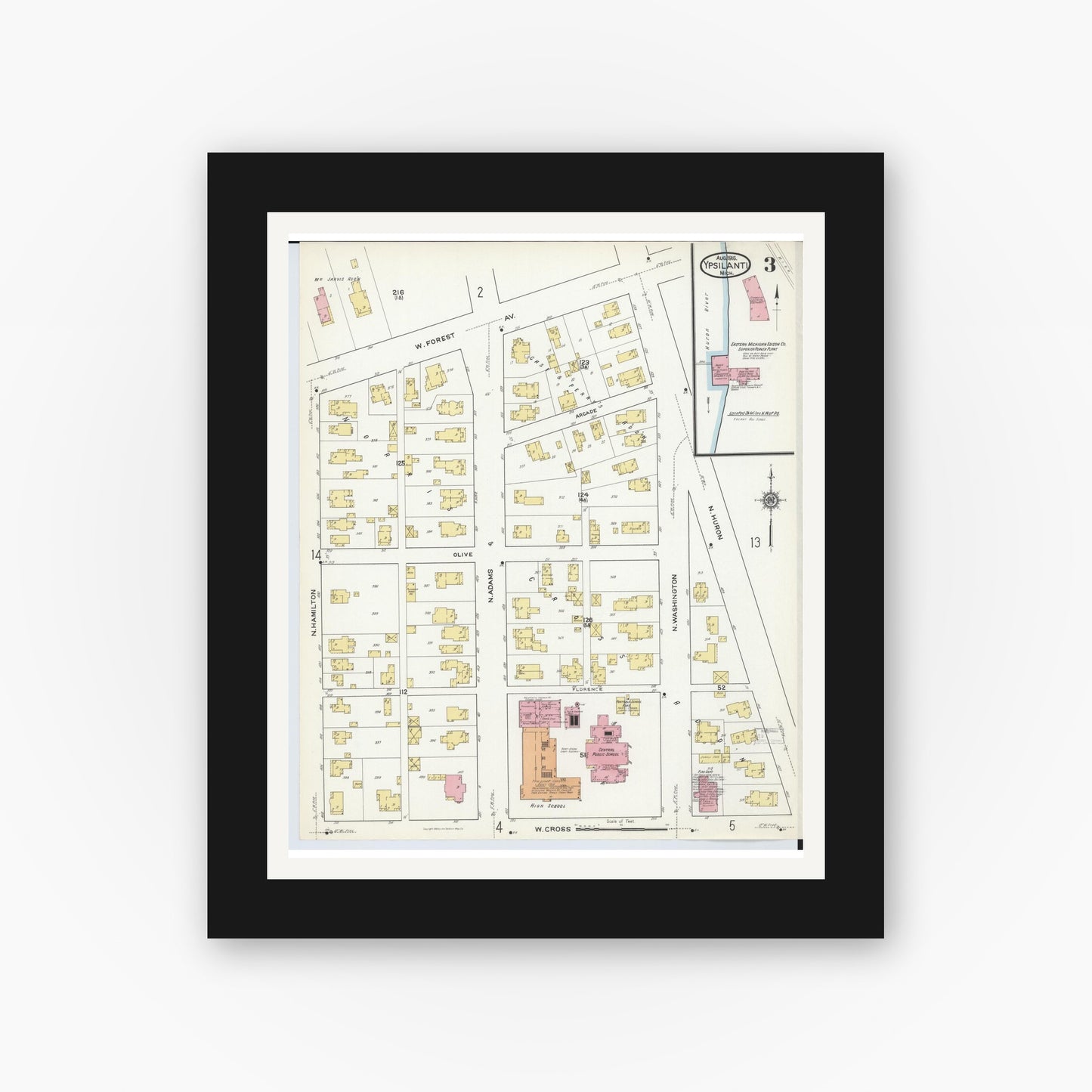 Old map wall art mockup — black gallery frame with white mat — Sanborn Fire Insurance Map from Ypsilanti, Washtenaw County, Michigan (1916), Sheet #0003