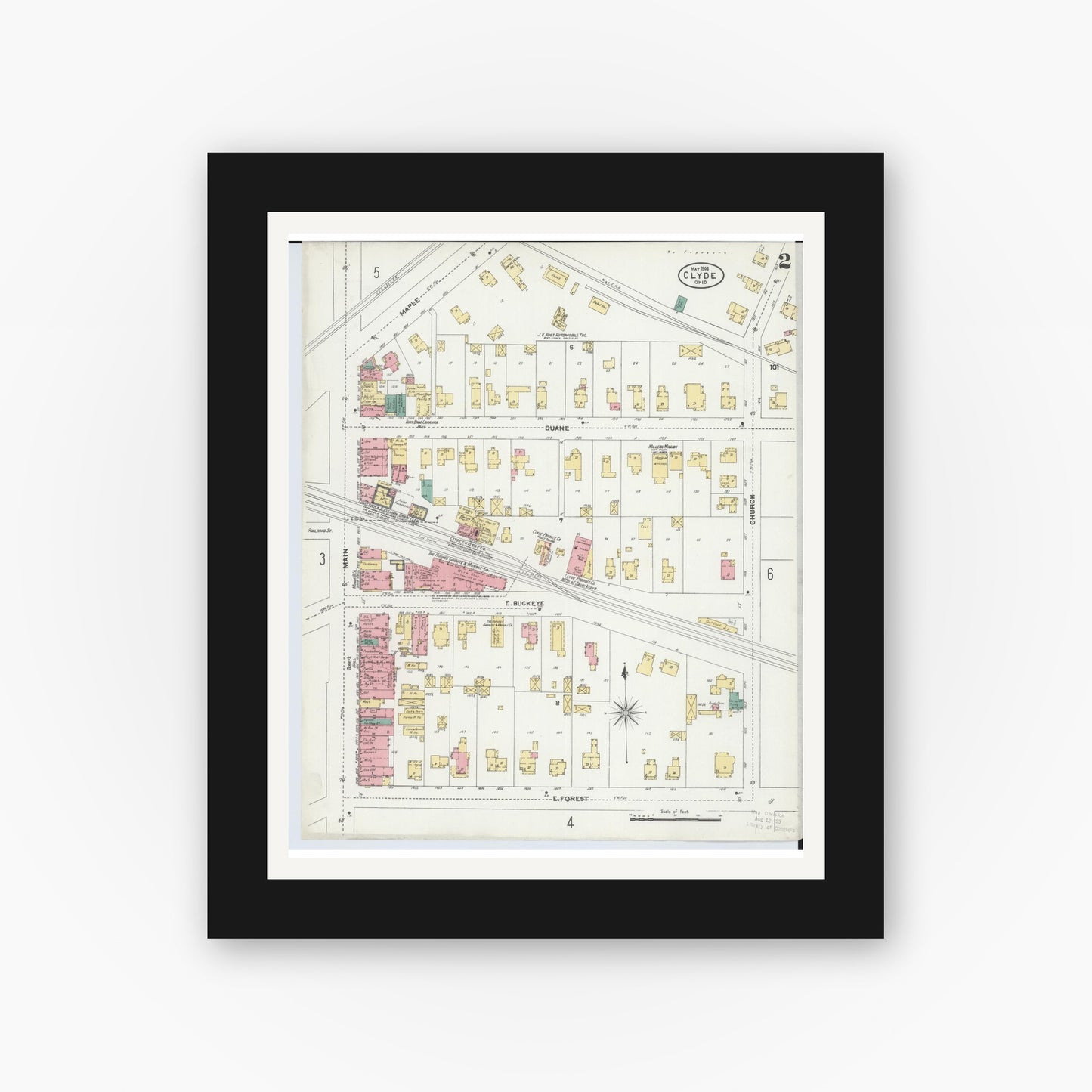 Old map wall art mockup — black gallery frame with white mat — Sanborn Fire Insurance Map from Clyde, Sandusky County, Ohio (1906), Sheet #0002