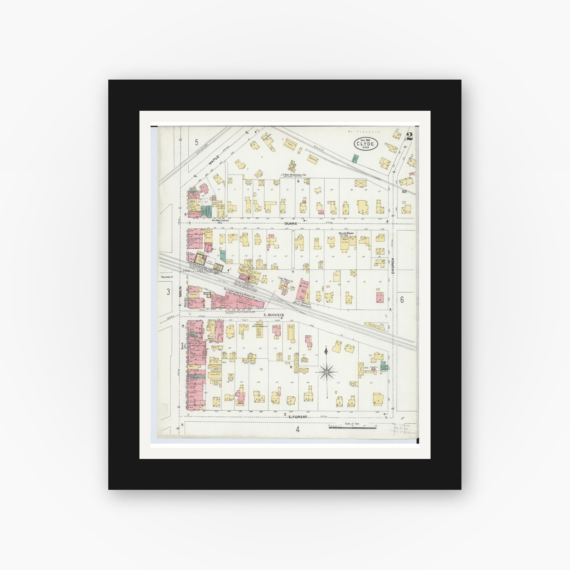 Old map wall art mockup — black gallery frame with white mat — Sanborn Fire Insurance Map from Clyde, Sandusky County, Ohio (1906), Sheet #0002