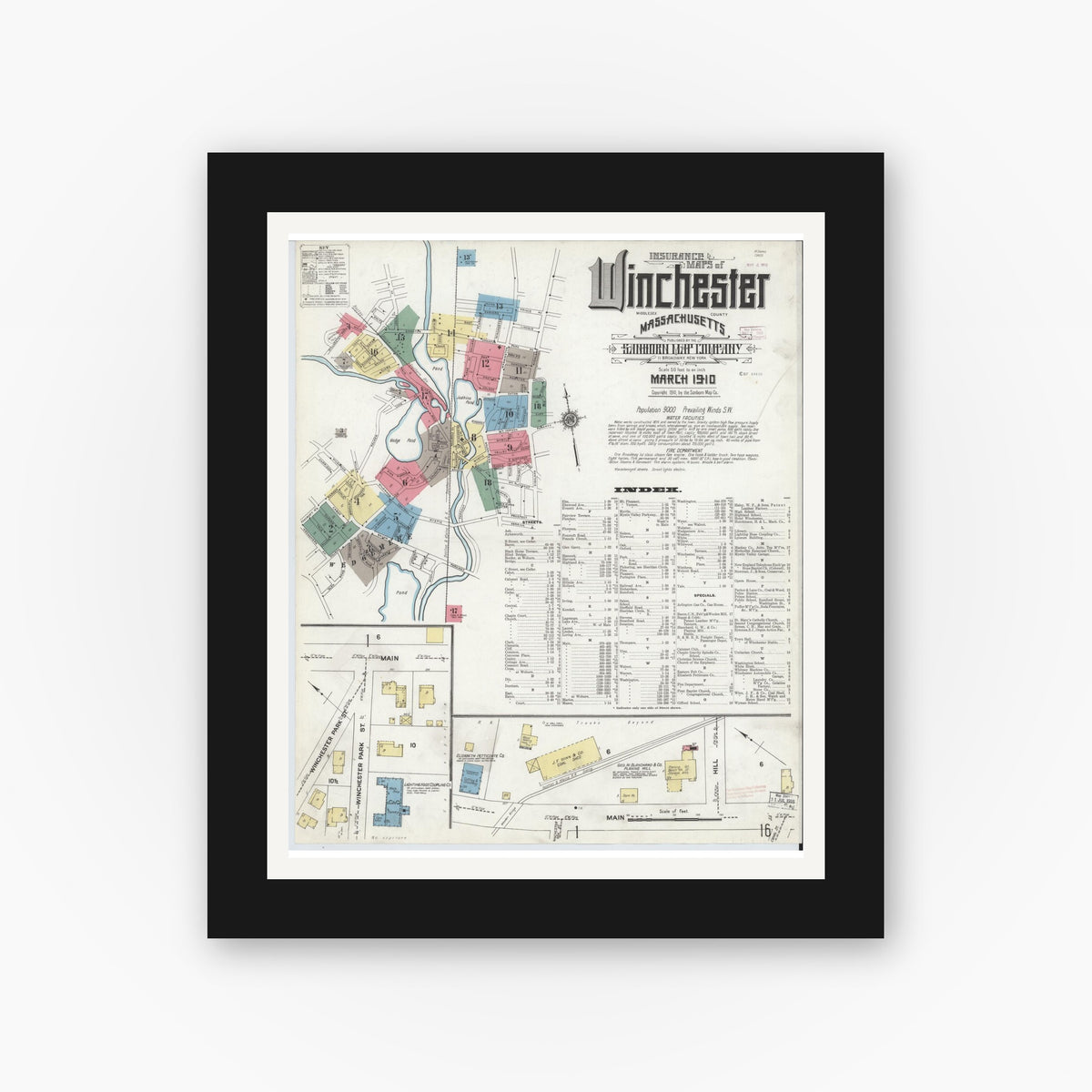 Old map wall art mockup — black gallery frame with white mat — Sanborn Fire Insurance Map from Winchester, Middlesex County, Massachusetts (1910) - Complete Map Set