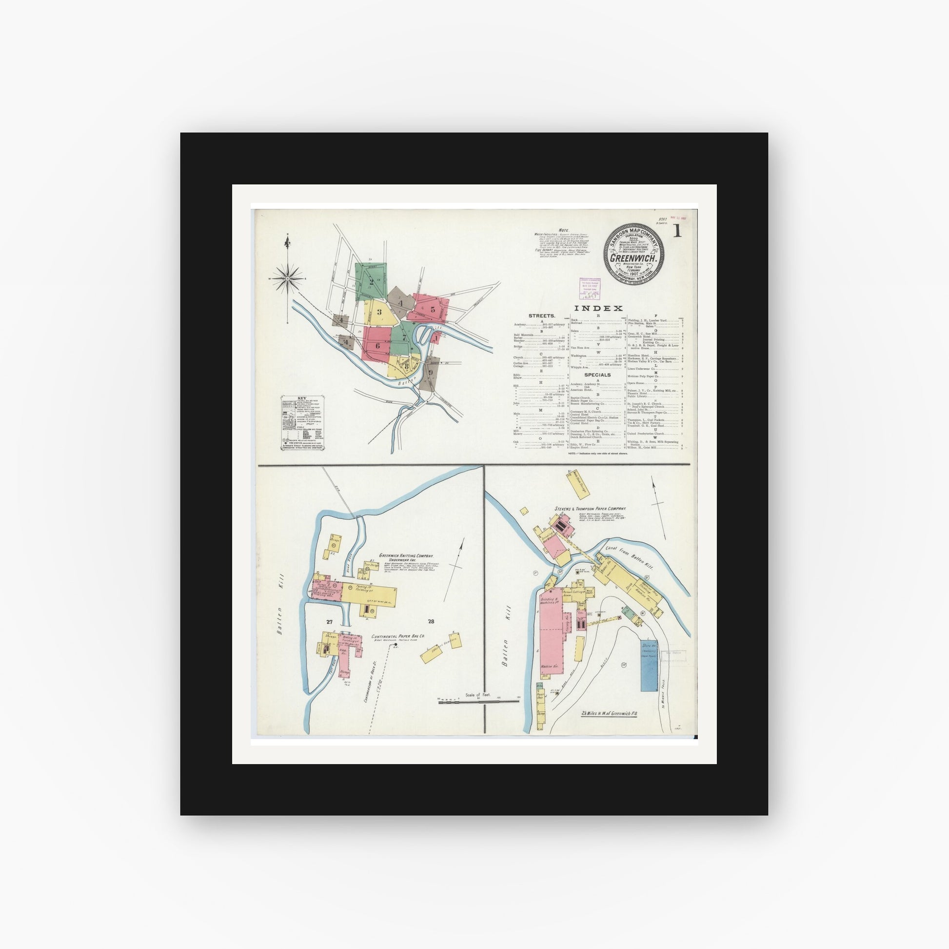 Old map wall art mockup — black gallery frame with white mat — Sanborn Fire Insurance Map from Greenwich, Washington County, New York (1907) - Complete Map Set