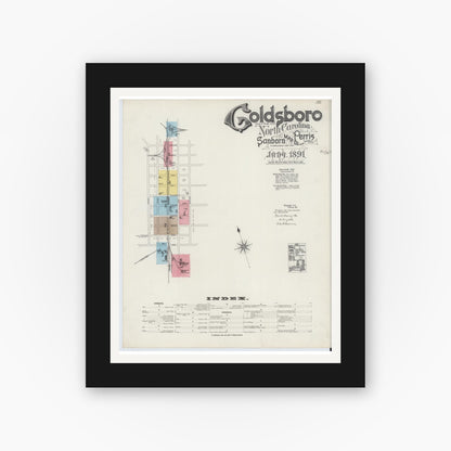 Old map wall art mockup — black gallery frame with white mat — Sanborn Fire Insurance Map from Goldsboro, Wayne County, North Carolina (1891), Sheet #0001