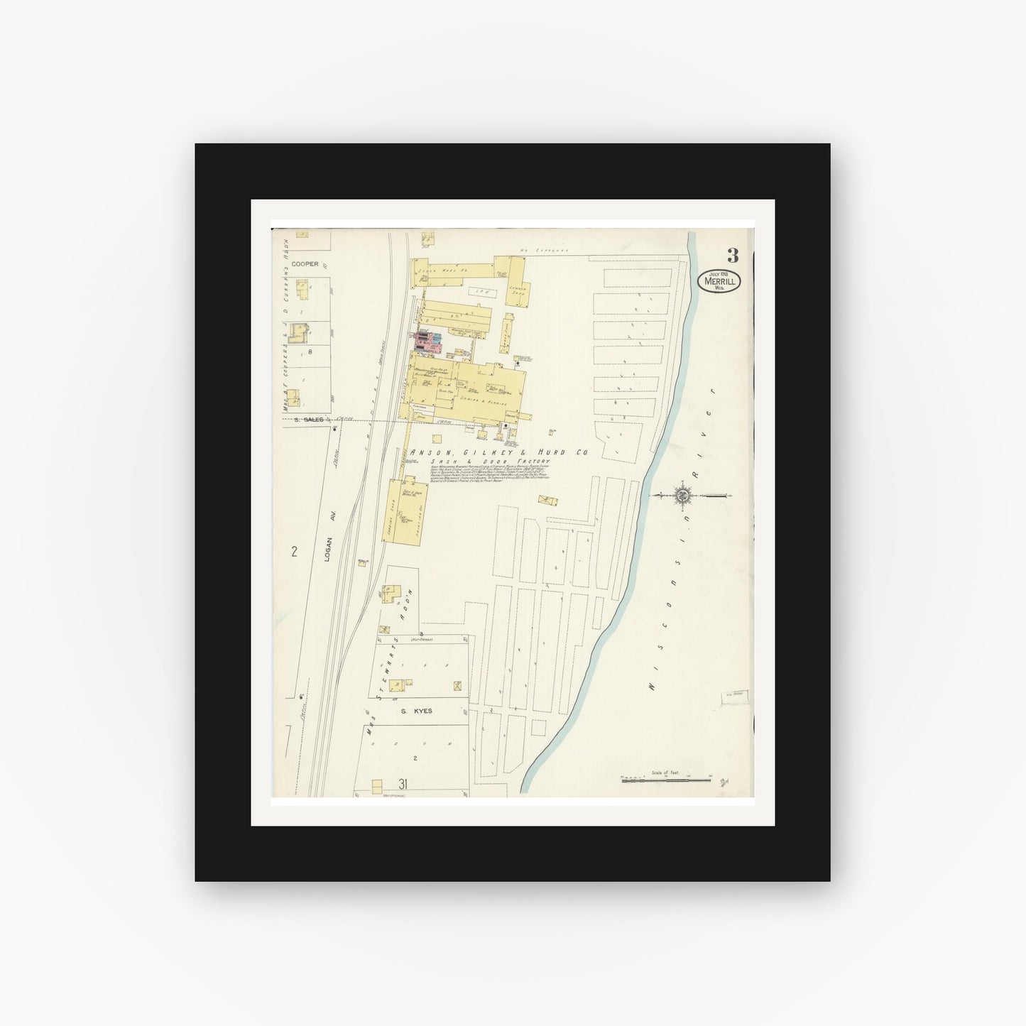 Old map wall art mockup — black gallery frame with white mat — Sanborn Fire Insurance Map from Merrill, Lincoln County, Wisconsin (1913), Sheet #0003