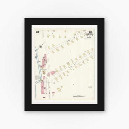 Old map wall art mockup — black gallery frame with white mat — Sanborn Fire Insurance Map from Burlington, Alamance County, North Carolina (1924), Sheet #0024