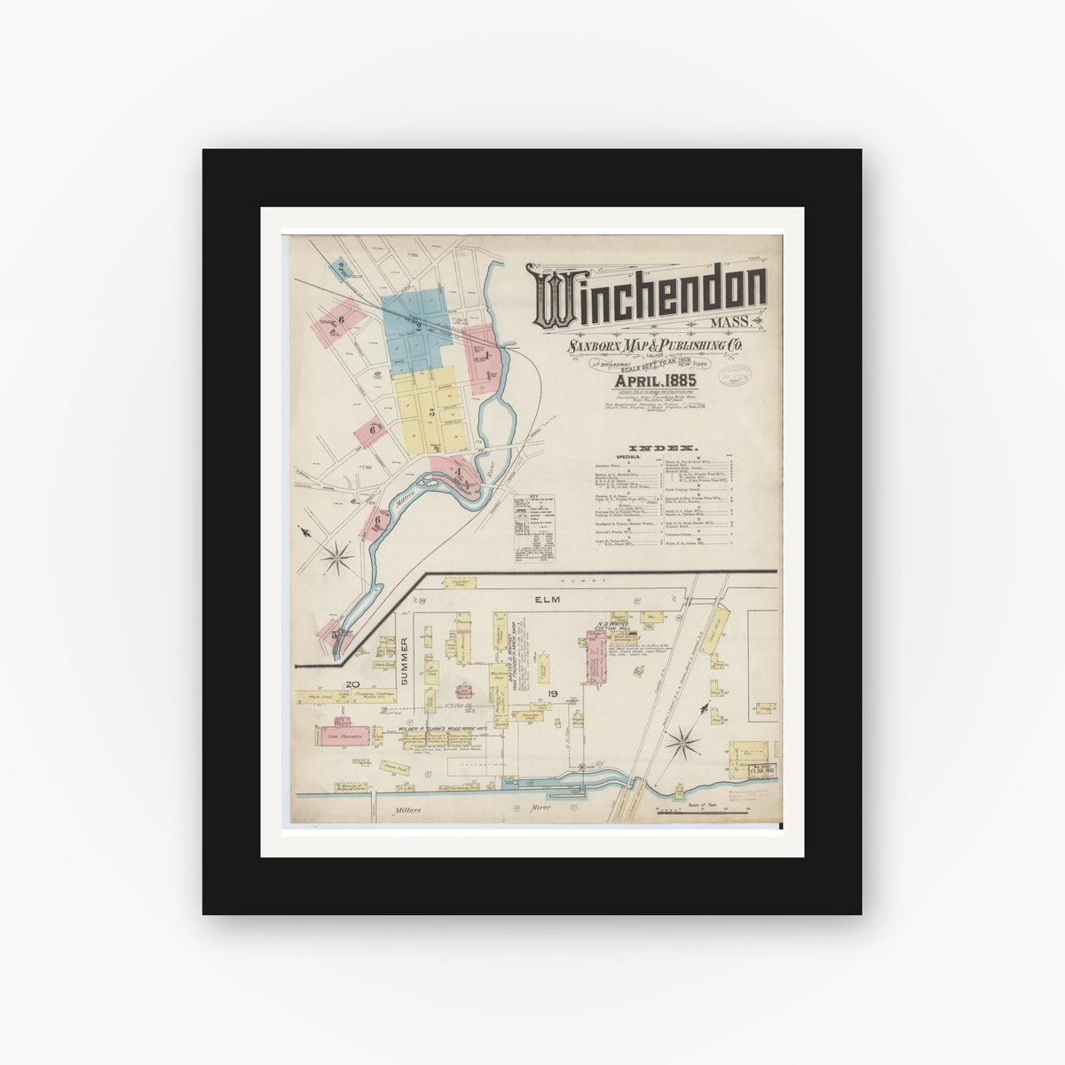 Old map wall art mockup — black gallery frame with white mat — Sanborn Fire Insurance Map from Winchendon, Worcester County, Massachusetts (1885) - Complete Map Set