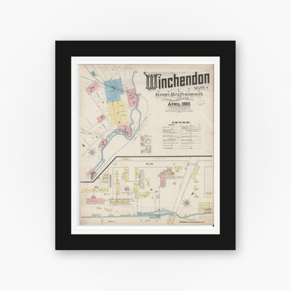 Old map wall art mockup — black gallery frame with white mat — Sanborn Fire Insurance Map from Winchendon, Worcester County, Massachusetts (1885) - Complete Map Set