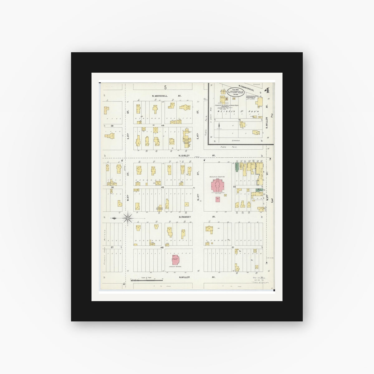 Old map wall art mockup — black gallery frame with white mat — Sanborn Fire Insurance Map from Litchfield, Meeker County, Minnesota (1903), Sheet #0004