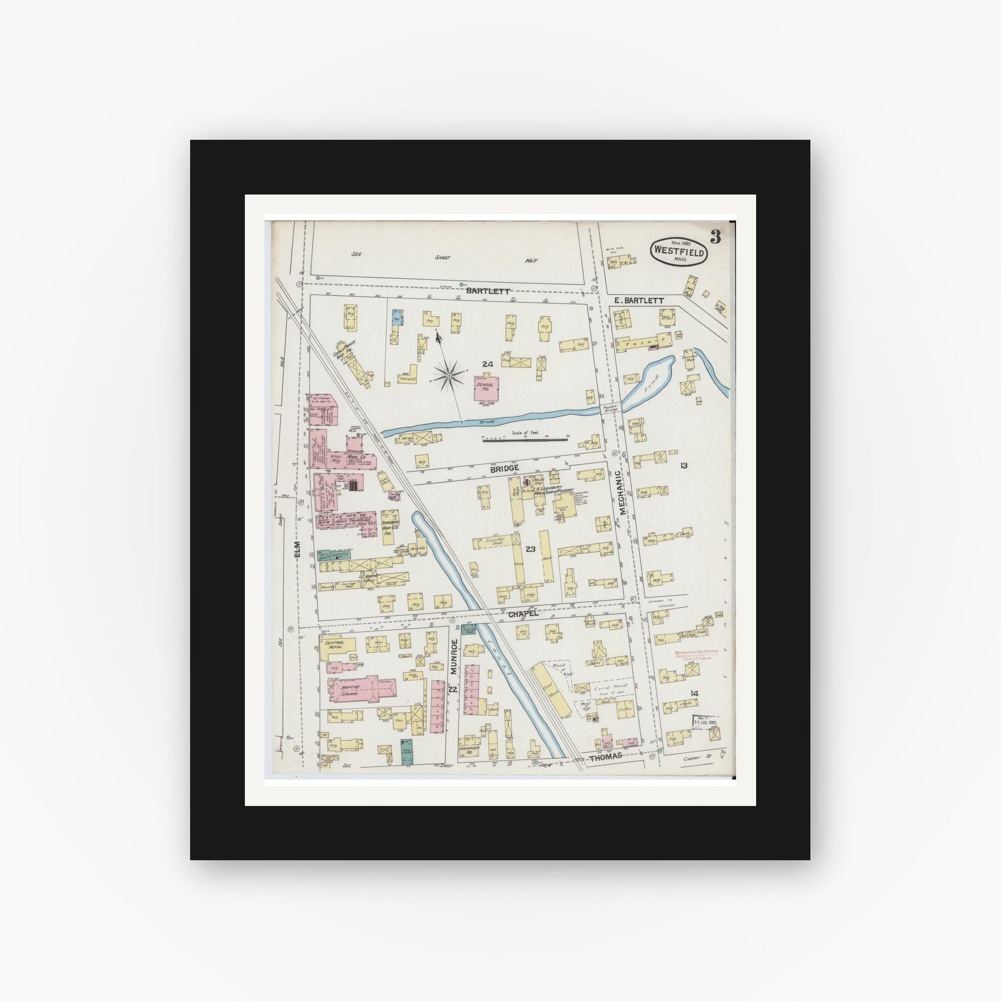 Old map wall art mockup — black gallery frame with white mat — Sanborn Fire Insurance Map from Westfield, Hampden County, Massachusetts (1889), Sheet #0003