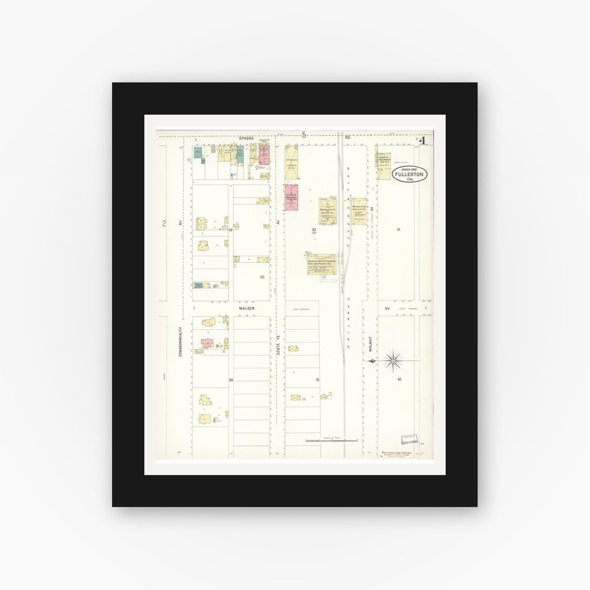 Old map wall art mockup — black gallery frame with white mat — Sanborn Fire Insurance Map from Fullerton, Orange County, California (1900), Sheet #0004