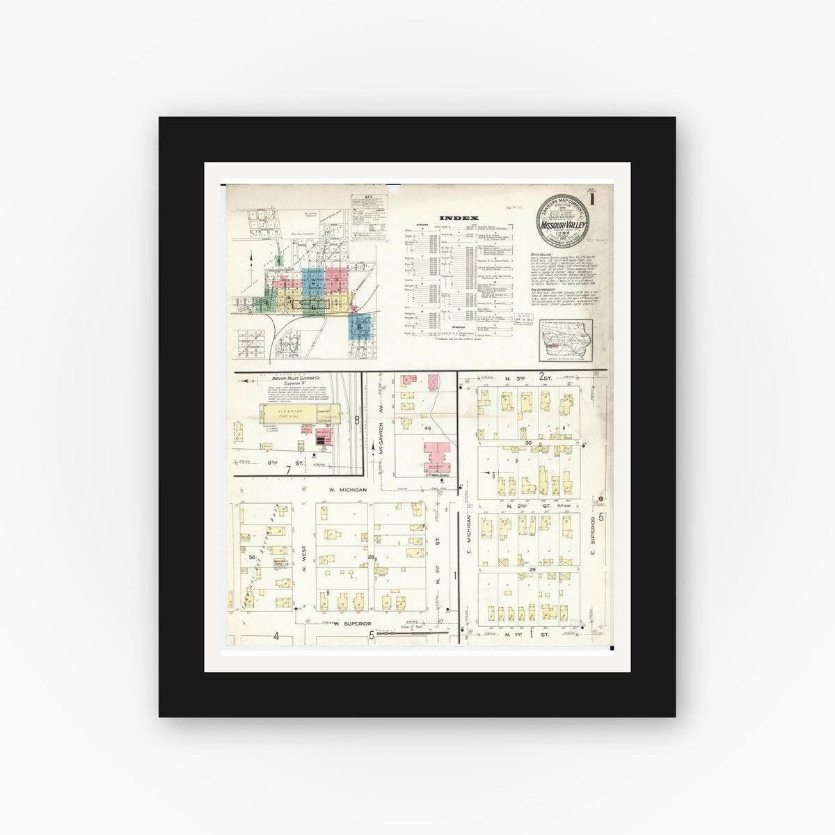 Old map wall art mockup — black gallery frame with white mat — Sanborn Fire Insurance Map from Missouri Valley, Harrison County, Iowa (1913) â€” Complete Set