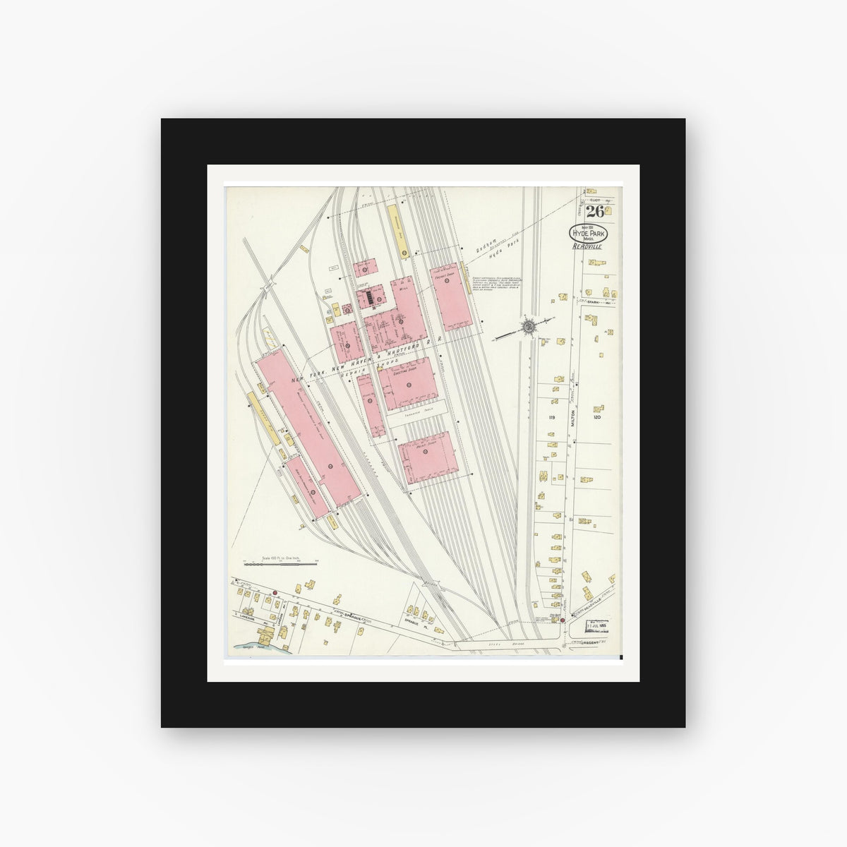 Old map wall art mockup — black gallery frame with white mat — Sanborn Fire Insurance Map from Hyde Park, Norfolk County, Massachusetts (1911), Sheet #0026
