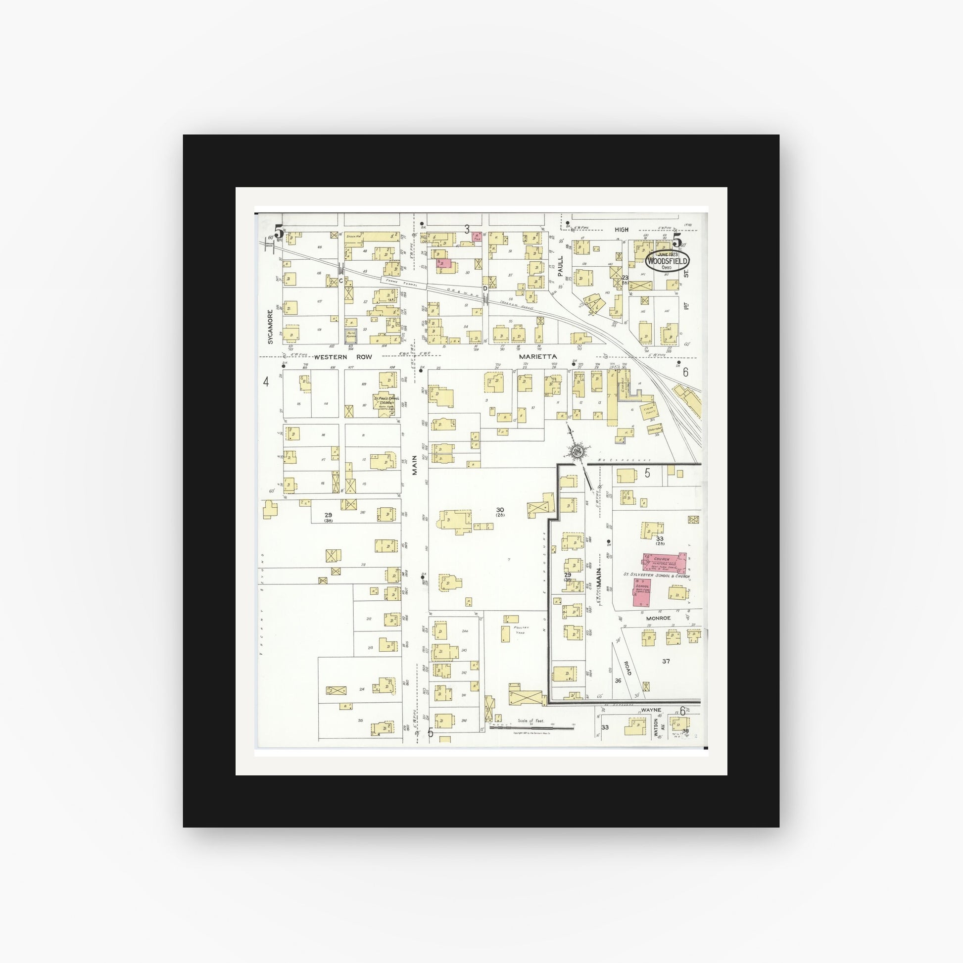Old map wall art mockup — black gallery frame with white mat — Sanborn Fire Insurance Map from Woodsfield, Monroe County, Ohio (1923), Sheet #0005