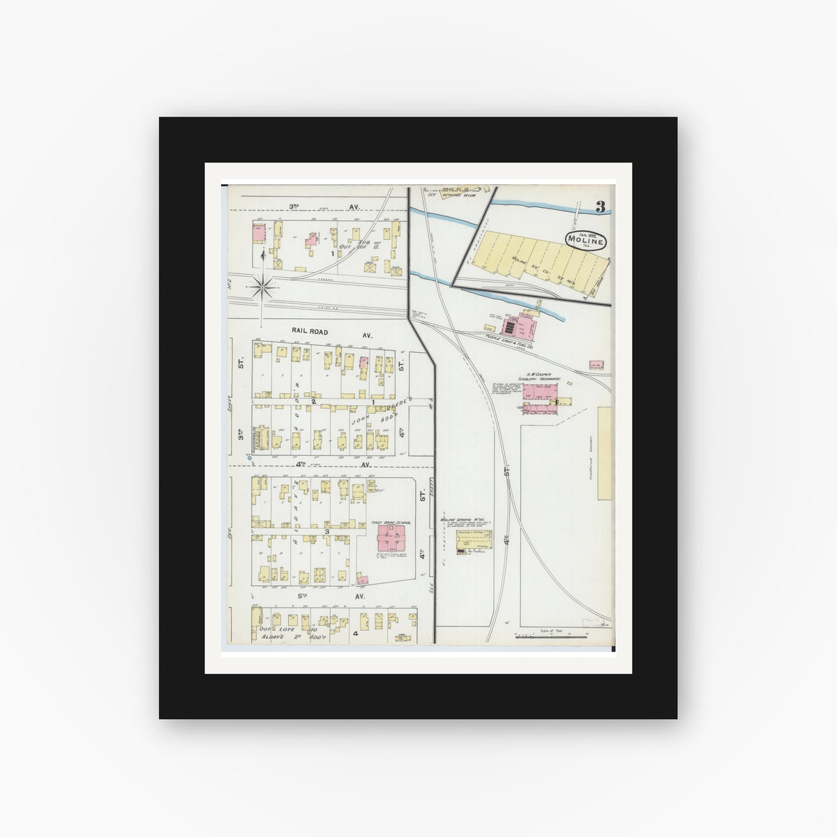 Old map wall art mockup — black gallery frame with white mat — Sanborn Fire Insurance Map from Moline, Rock Island County, Illinois (1892), Sheet #0003