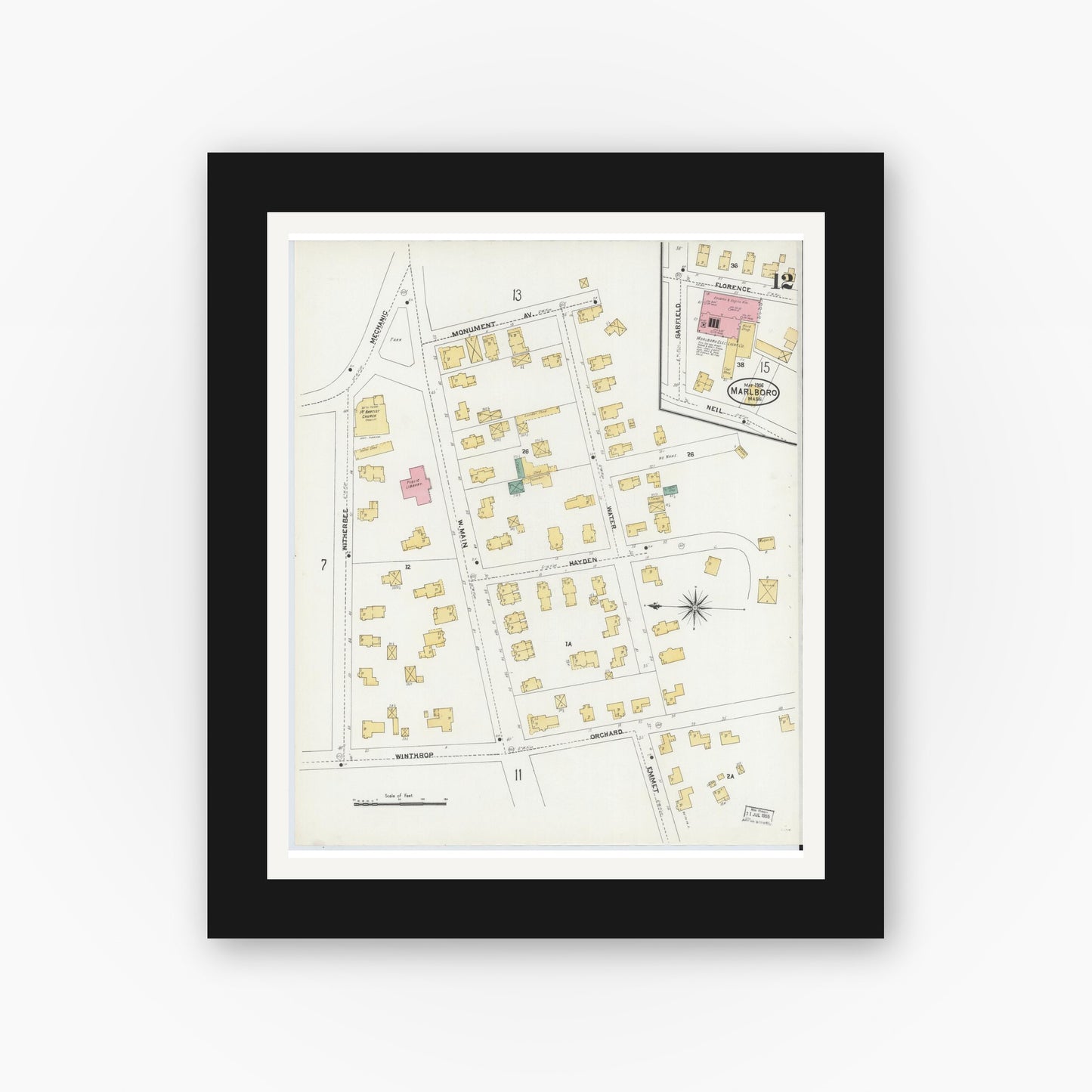 Old map wall art mockup — black gallery frame with white mat — Sanborn Fire Insurance Map from Marlborough, Middlesex County, Massachusetts (1906), Sheet #0012