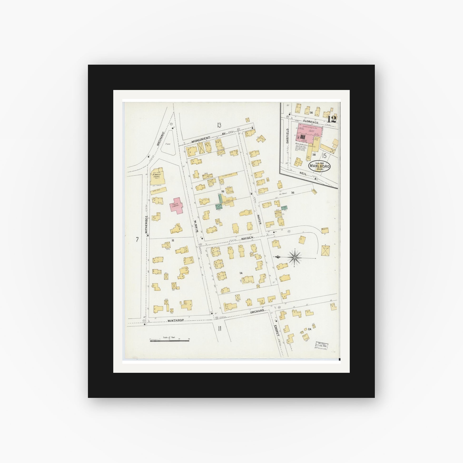 Old map wall art mockup — black gallery frame with white mat — Sanborn Fire Insurance Map from Marlborough, Middlesex County, Massachusetts (1906), Sheet #0012