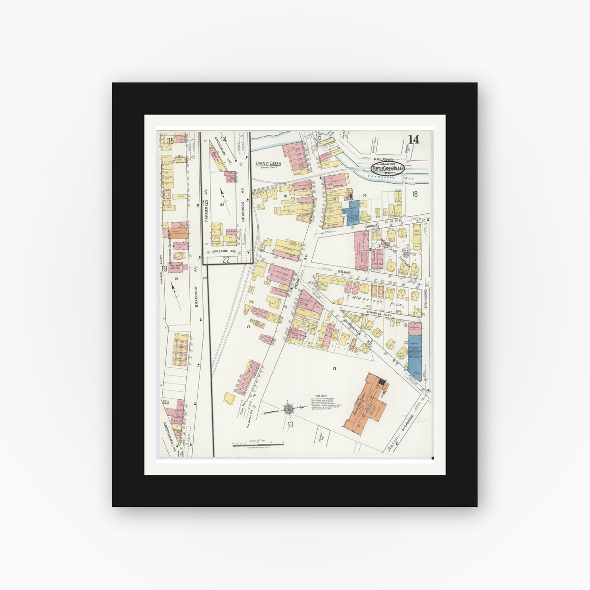 Old map wall art mockup — black gallery frame with white mat — Sanborn Fire Insurance Map from Turtle Creek Valley, Allegheny County, Pennsylvania (1919), Sheet #0014