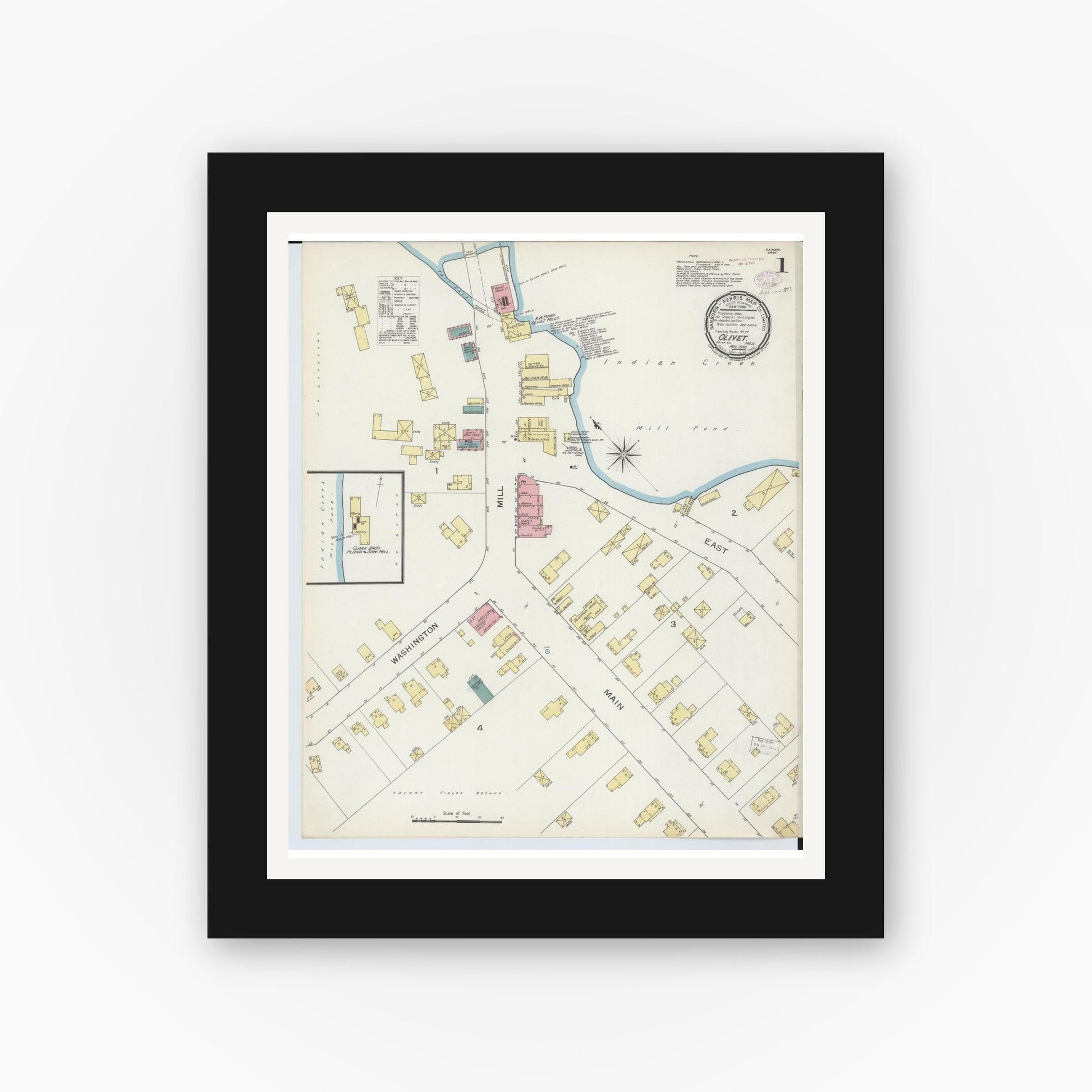 Old map wall art mockup — black gallery frame with white mat — Sanborn Fire Insurance Map from Olivet, Eaton County, Michigan (1893) - Complete Map Set