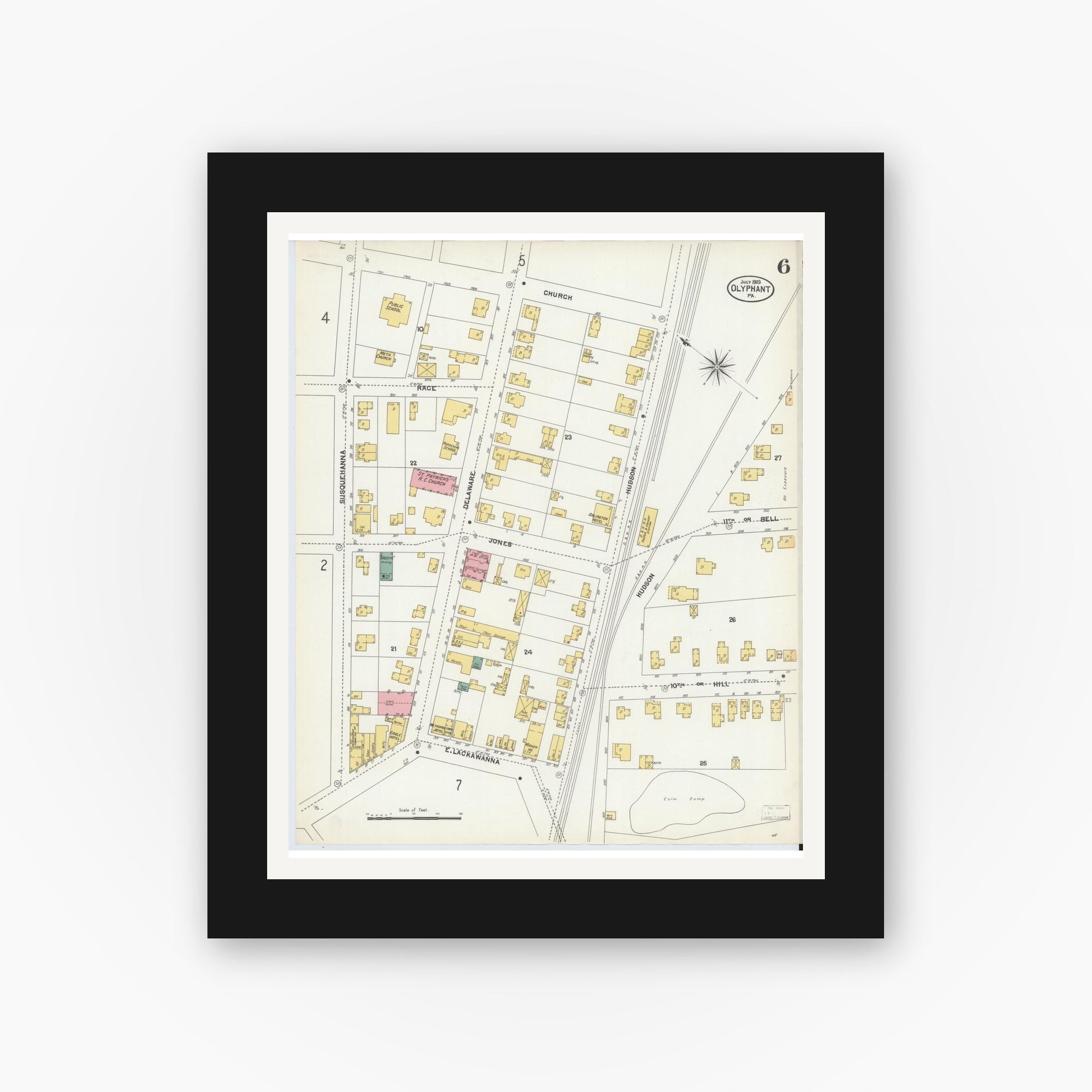 Old map wall art mockup — black gallery frame with white mat — Sanborn Fire Insurance Map from Olyphant, Lackawanna County, Pennsylvania (1903), Sheet #0006