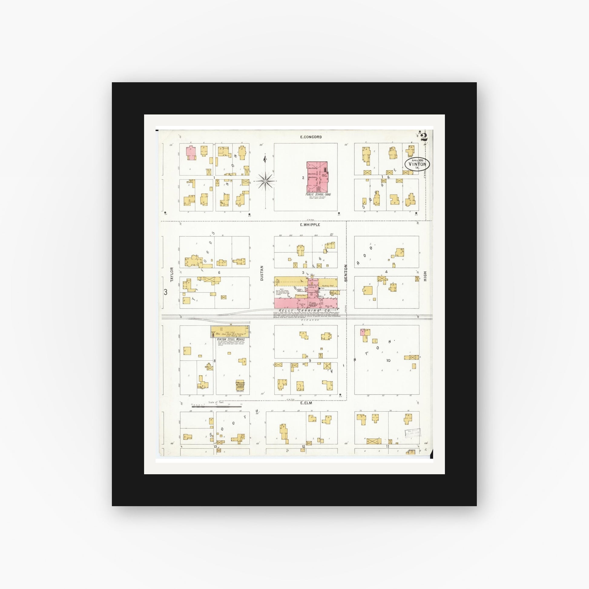 Old map wall art mockup — black gallery frame with white mat — Sanborn Fire Insurance Map from Vinton, Benton County, Iowa (1899), Sheet #0002