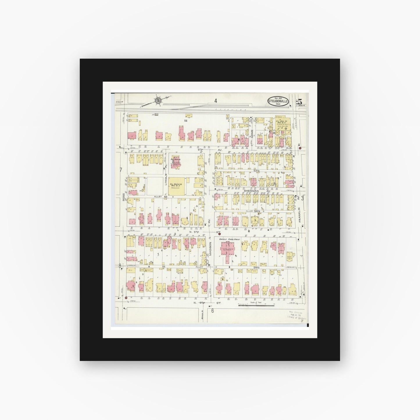 Old map wall art mockup — black gallery frame with white mat — Sanborn Fire Insurance Map from Steubenville, Jefferson County, Ohio (1913), Sheet #0005