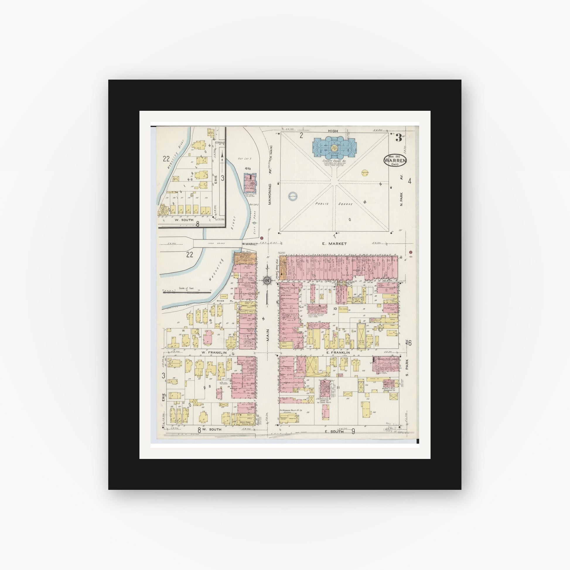 Old map wall art mockup — black gallery frame with white mat — Sanborn Fire Insurance Map from Warren, Trumbull County, Ohio (1915), Sheet #0003