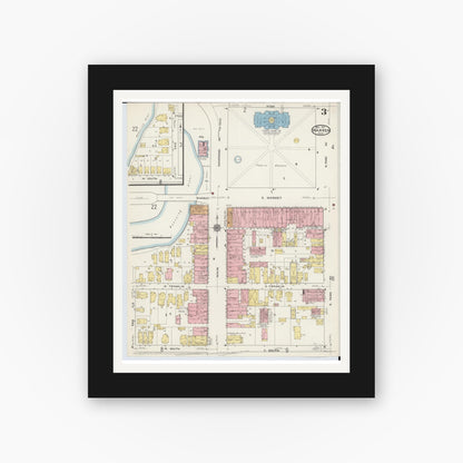 Old map wall art mockup — black gallery frame with white mat — Sanborn Fire Insurance Map from Warren, Trumbull County, Ohio (1915), Sheet #0003