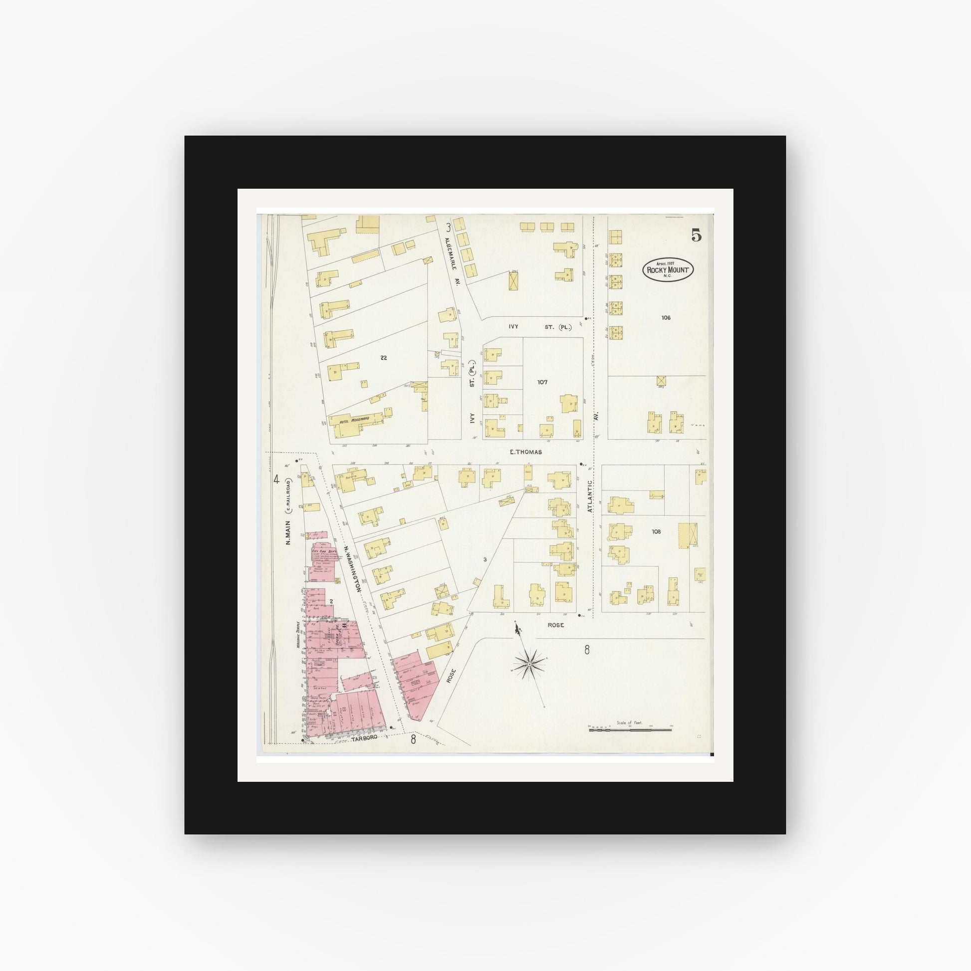 Old map wall art mockup — black gallery frame with white mat — Sanborn Fire Insurance Map from Rocky Mount, Edgecombe And Nash Counties, North Carolina (1907), Sheet #0005