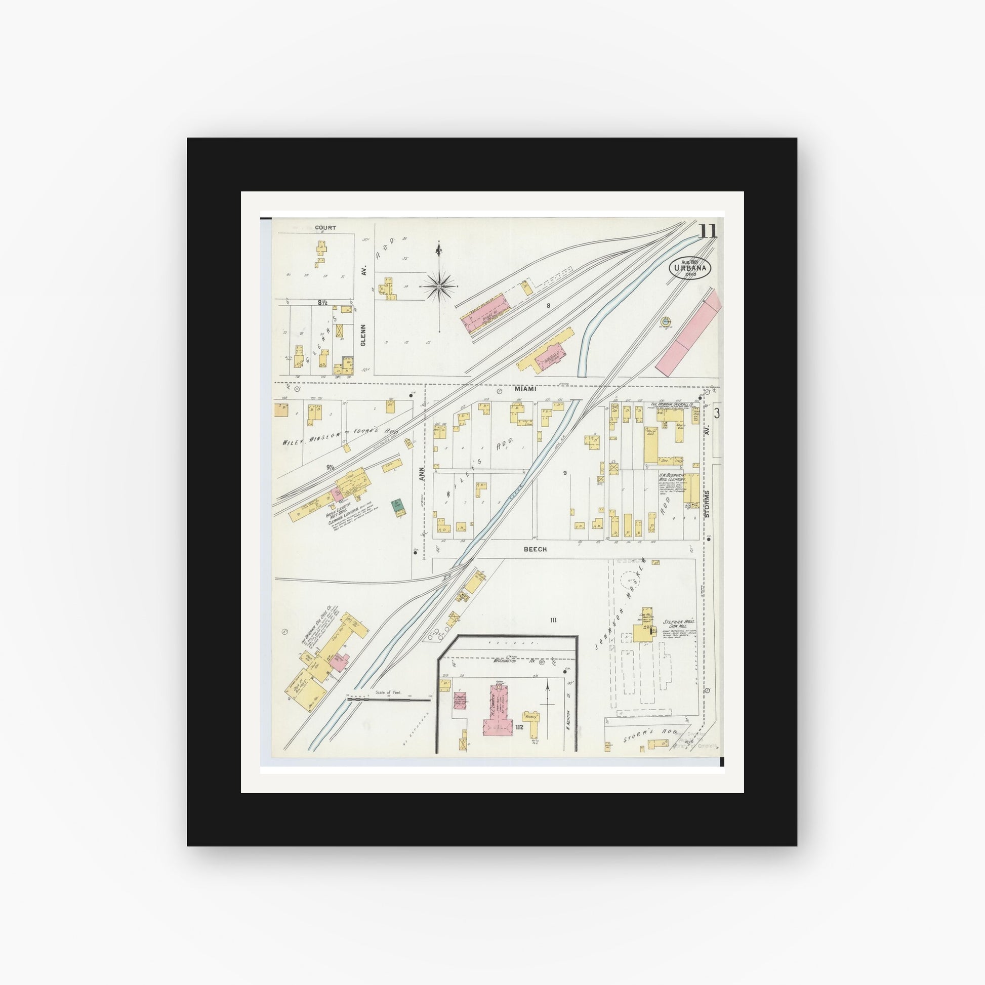 Old map wall art mockup — black gallery frame with white mat — Sanborn Fire Insurance Map from Urbana, Champaign County, Ohio (1901), Sheet #0011