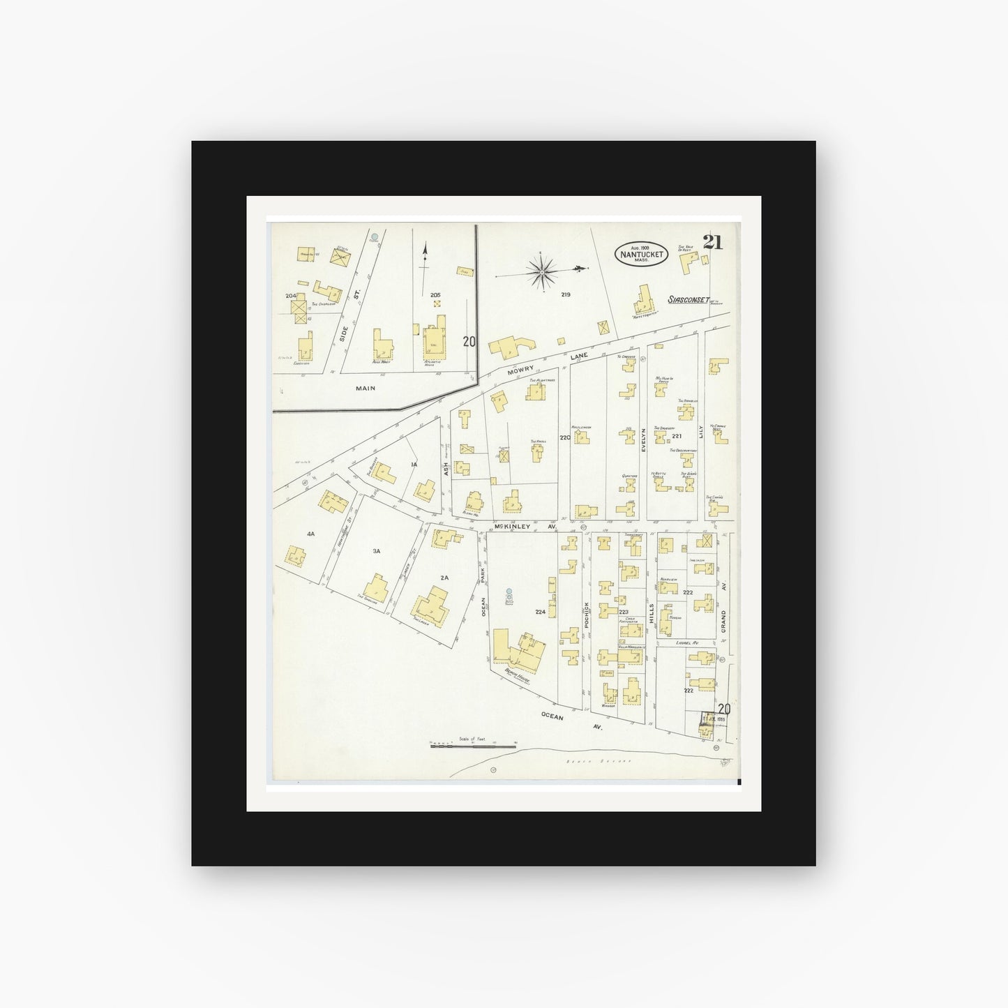 Old map wall art mockup — black gallery frame with white mat — Sanborn Fire Insurance Map from Nantucket, Nantucket County, Massachusetts (1909), Sheet #0021