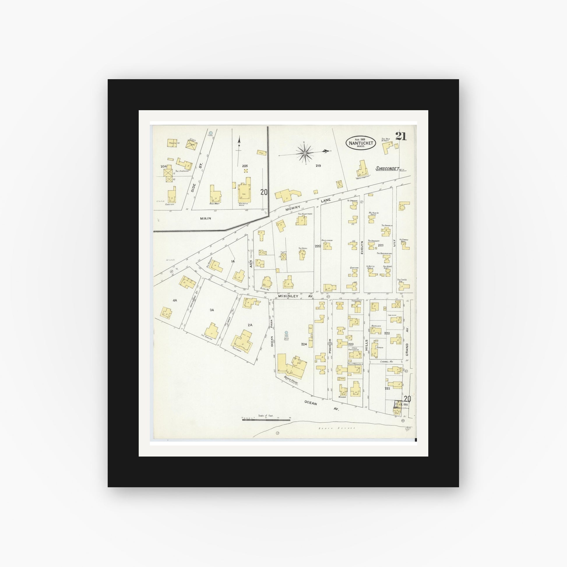 Old map wall art mockup — black gallery frame with white mat — Sanborn Fire Insurance Map from Nantucket, Nantucket County, Massachusetts (1909), Sheet #0021