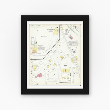 Old map wall art mockup — black gallery frame with white mat — Sanborn Fire Insurance Map from Asheville, Buncombe County, North Carolina (1907), Sheet #0024