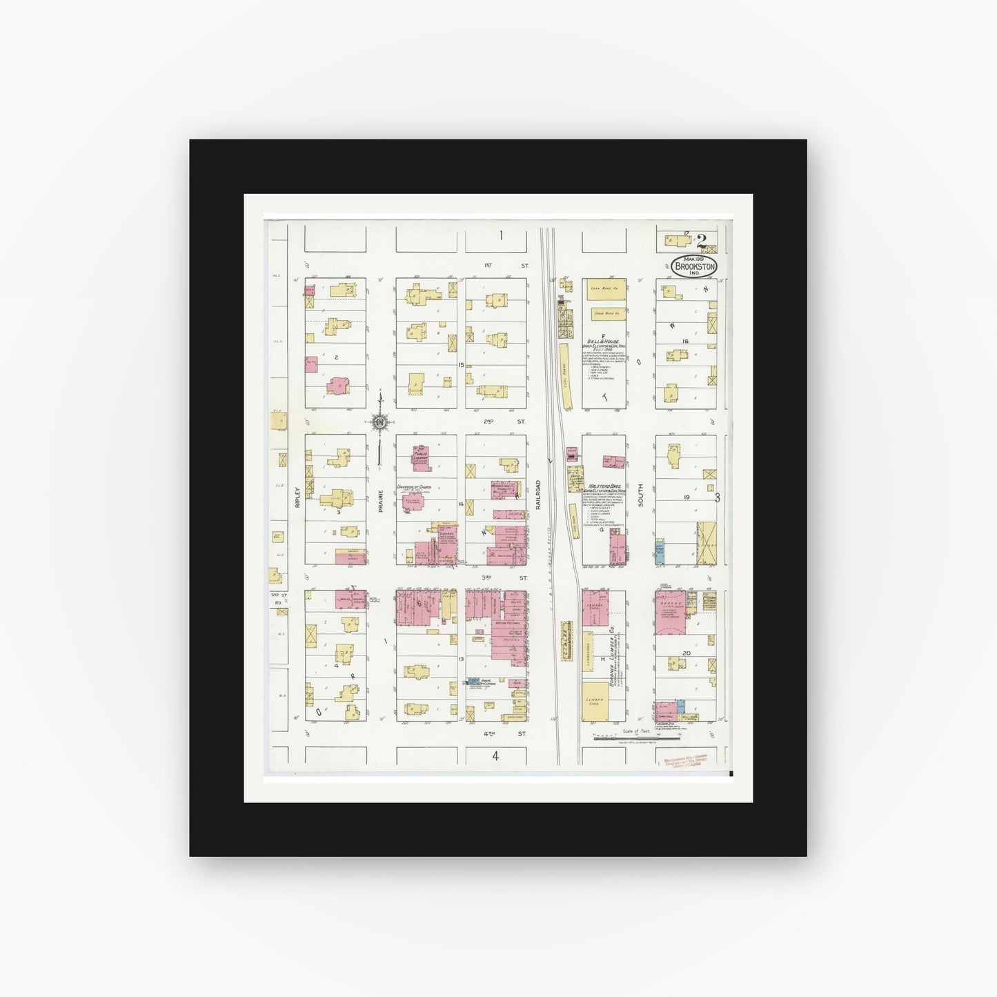 Old map wall art mockup — black gallery frame with white mat — Sanborn Fire Insurance Map from Brookston, White County, Indiana (1919), Sheet #0002