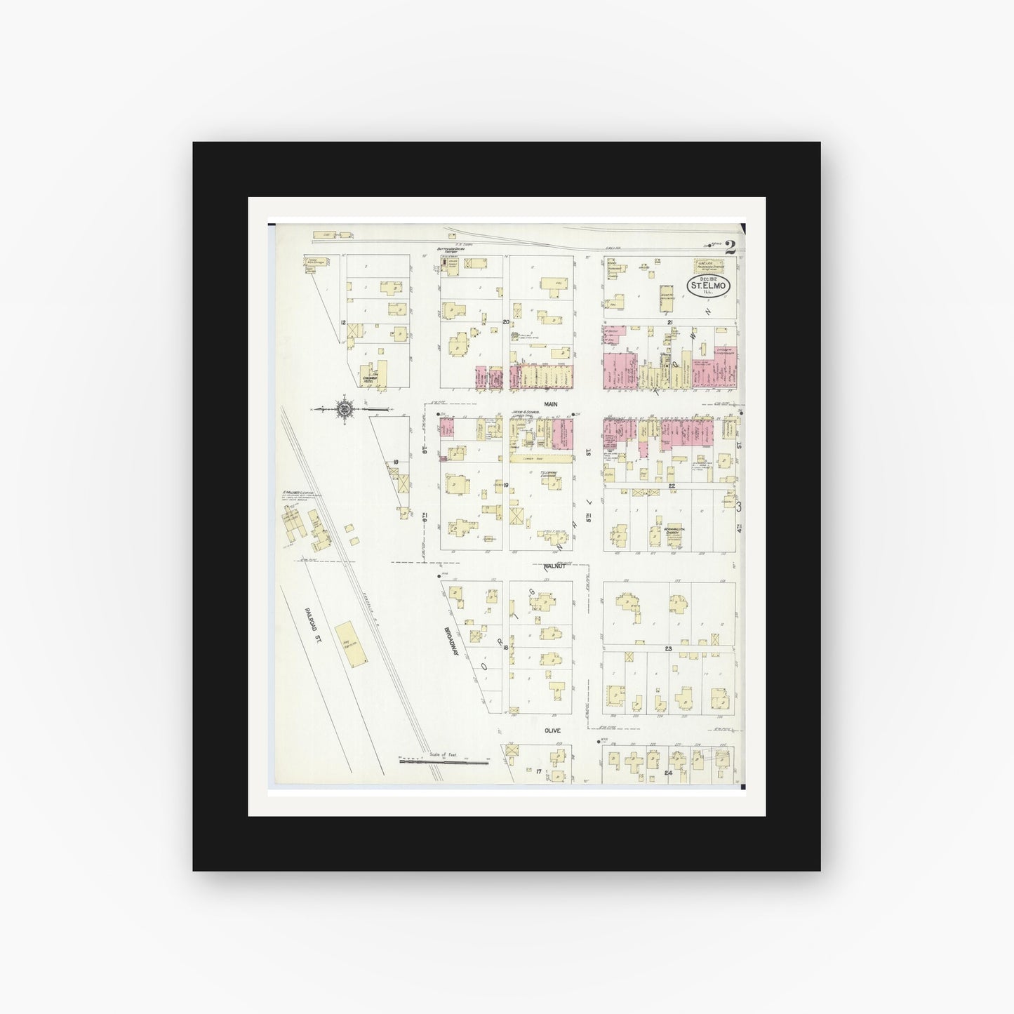 Old map wall art mockup — black gallery frame with white mat — Sanborn Fire Insurance Map from Saint Elmo, Fayette County, Illinois (1912), Sheet #0002