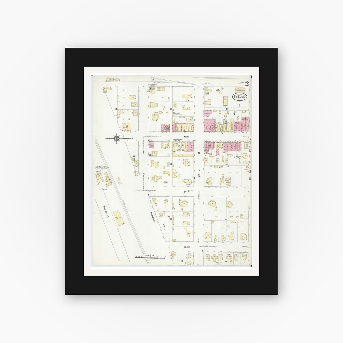 Old map wall art mockup — black gallery frame with white mat — Sanborn Fire Insurance Map from Saint Elmo, Fayette County, Illinois (1912), Sheet #0002