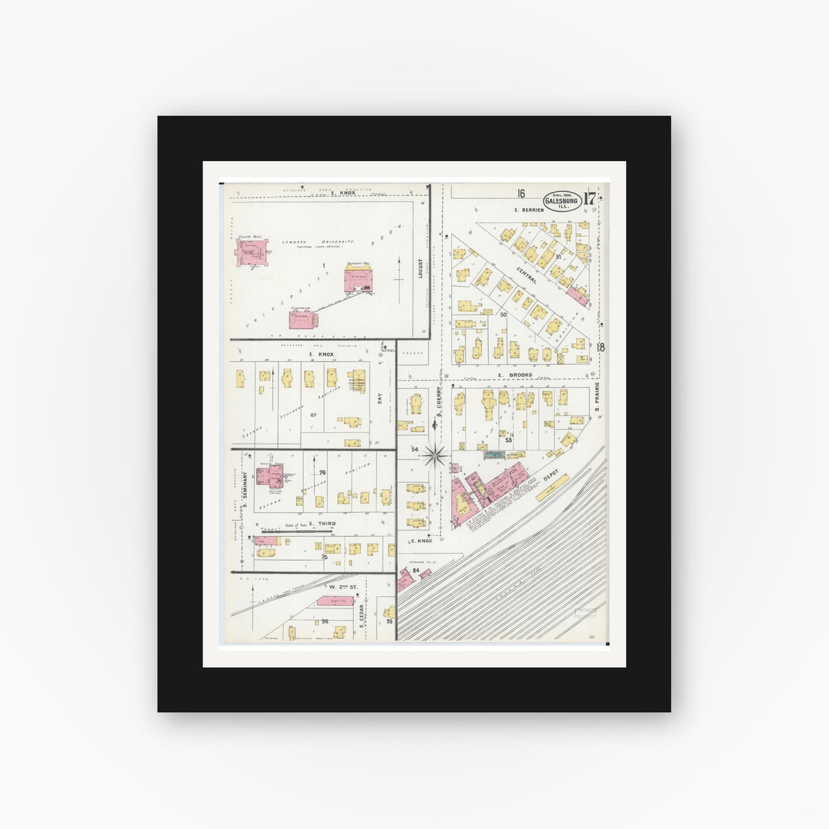 Old map wall art mockup — black gallery frame with white mat — Sanborn Fire Insurance Map from Galesburg, Knox County, Illinois (1906), Sheet #0017