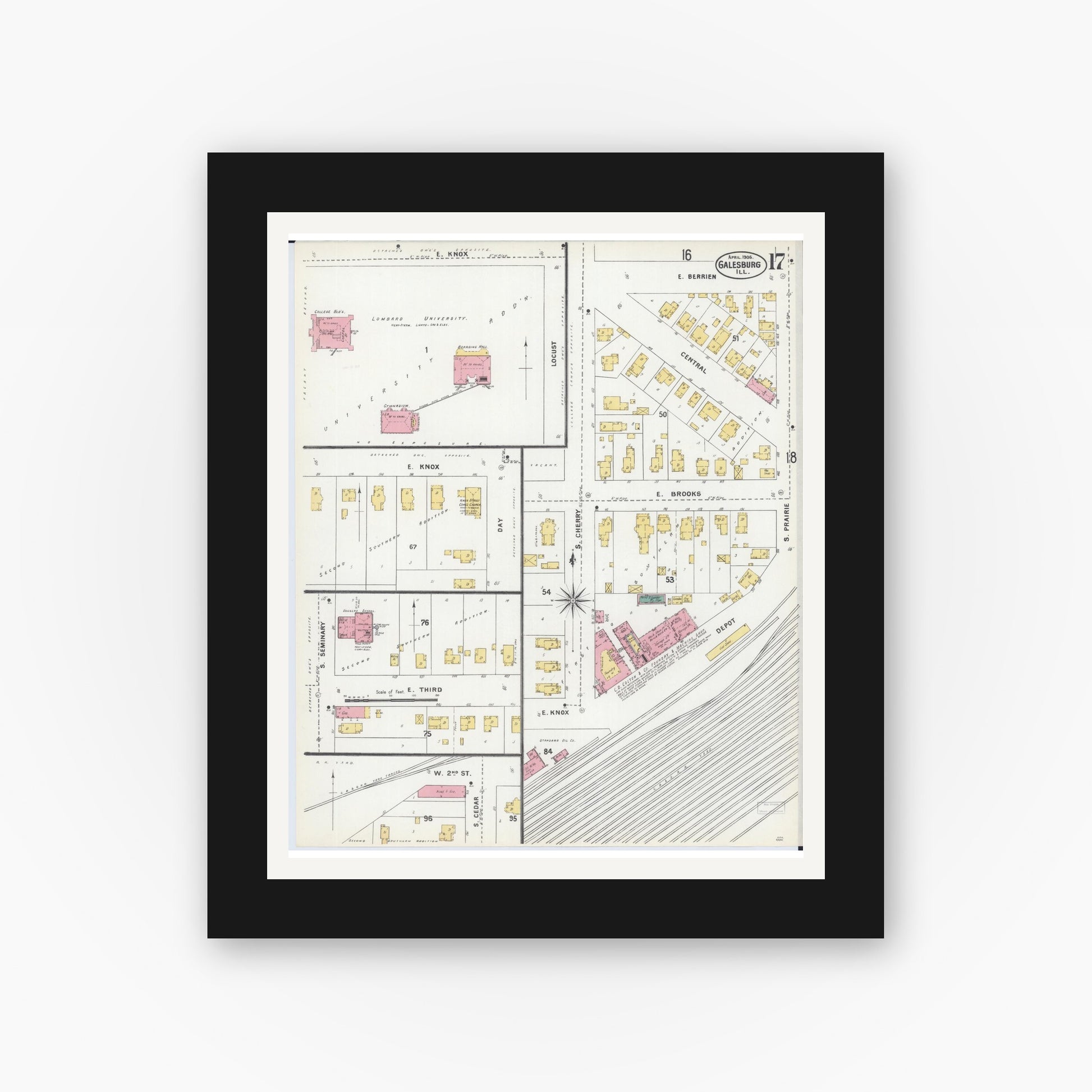 Old map wall art mockup — black gallery frame with white mat — Sanborn Fire Insurance Map from Galesburg, Knox County, Illinois (1906), Sheet #0017